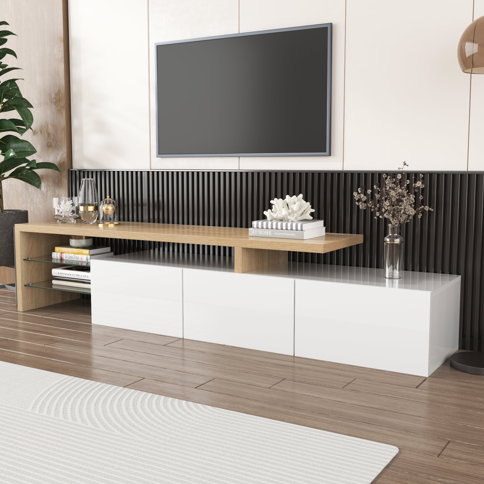 TV Cabinet, Modern Stylish Elegant with Practical Storage, High-Gloss White, Wooden Look, Glass Shelves & LED Lighting