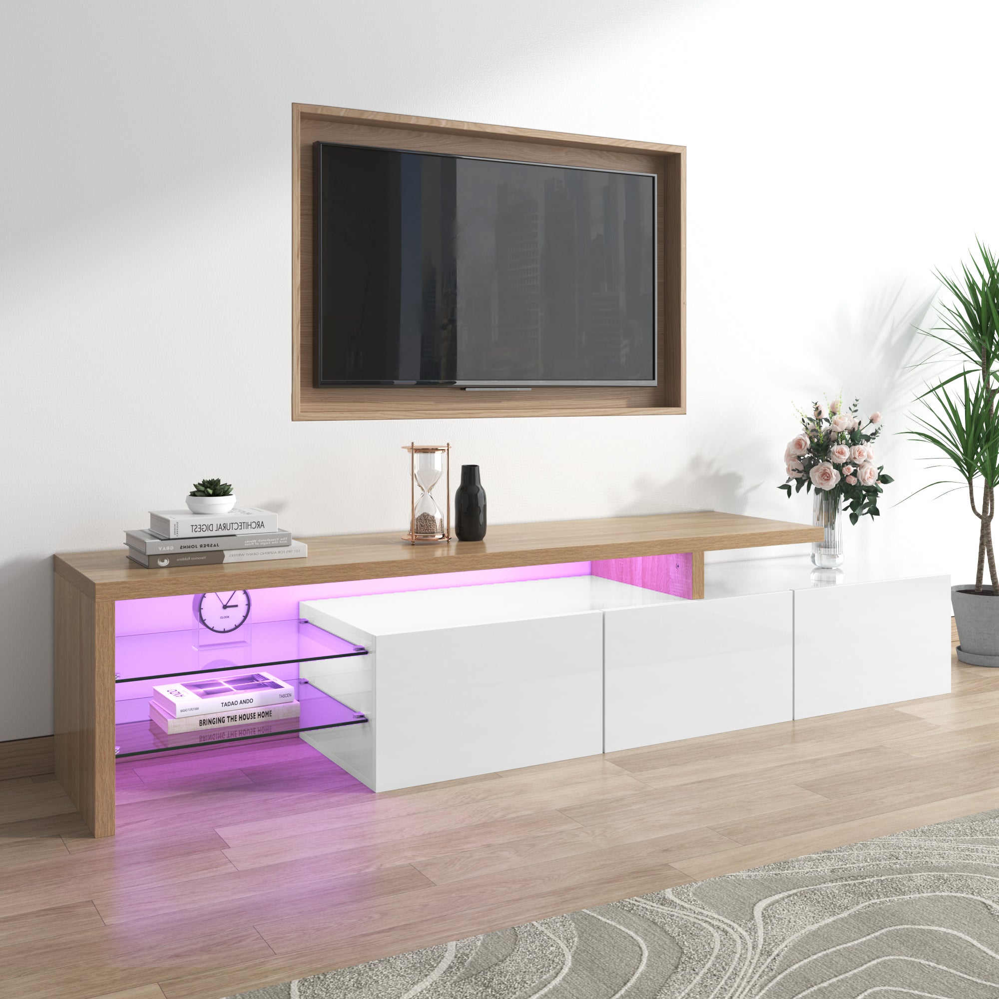 TV Cabinet, Modern Stylish Elegant with Practical Storage, High-Gloss White, Wooden Look, Glass Shelves & LED Lighting
