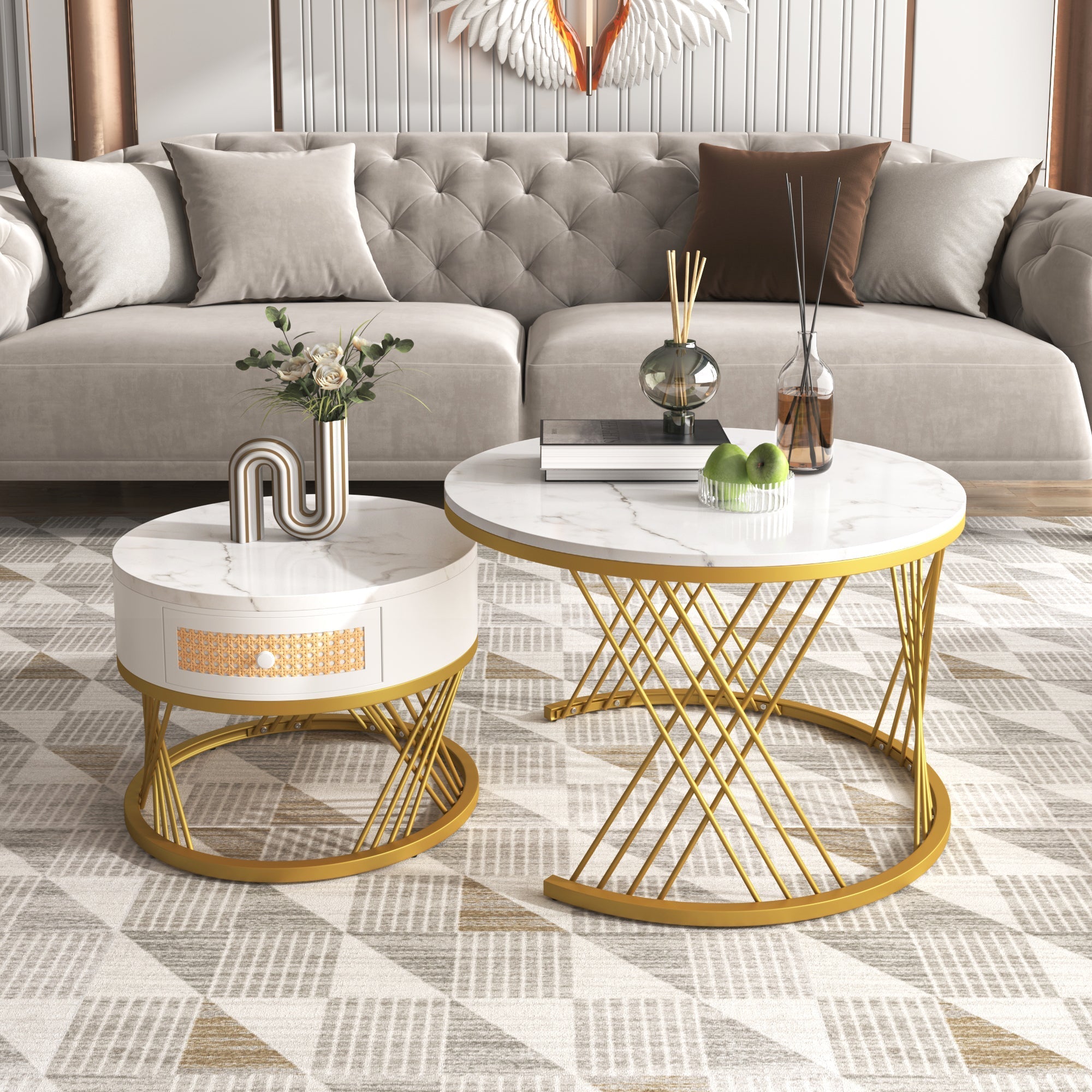 2-in-1 Round Coffee Table with Marble Grain Veneer Top, Rattan Drawers, Solid Wood Handles, and Gold Iron Legs