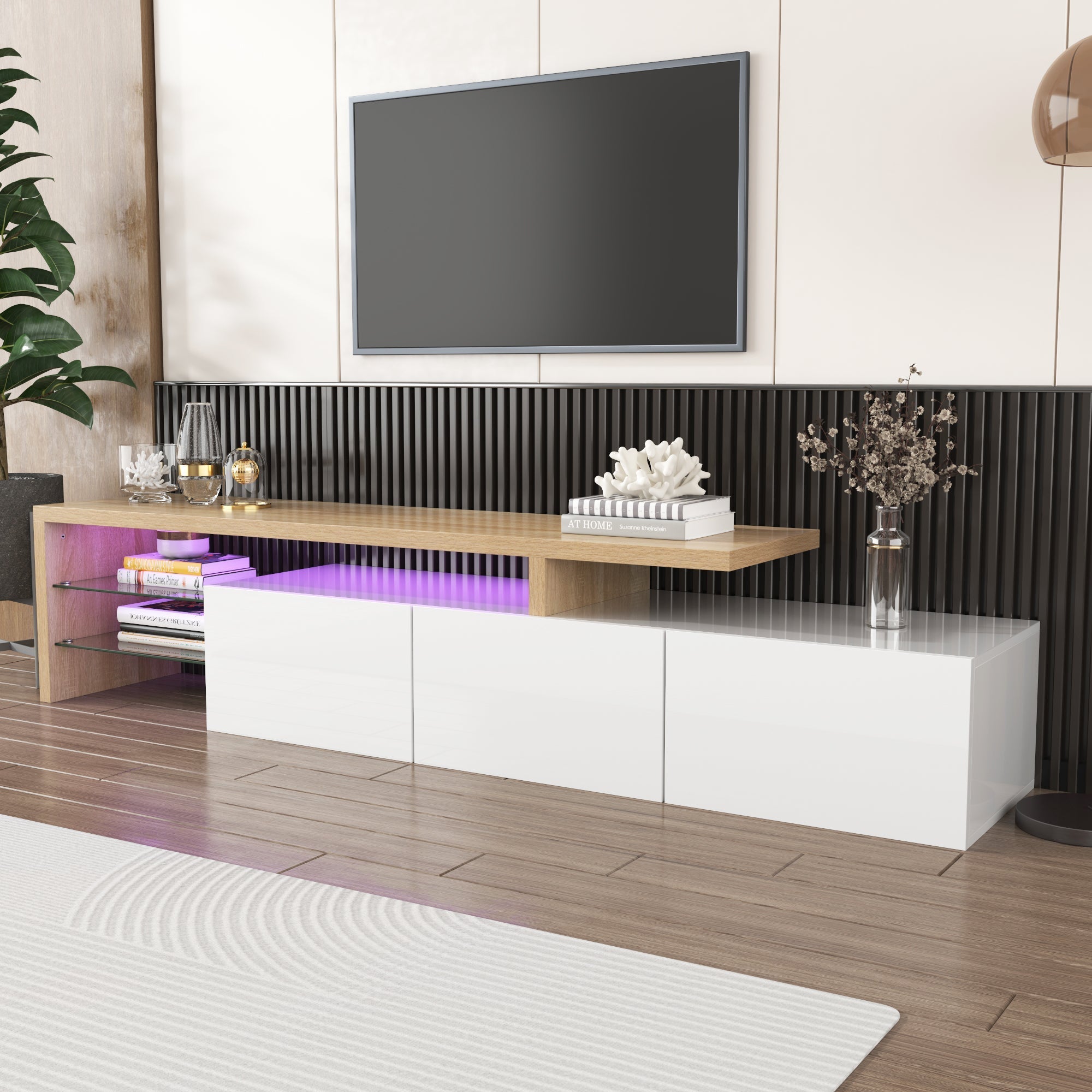 TV Cabinet, Modern Stylish Elegant with Practical Storage, High-Gloss White, Wooden Look, Glass Shelves & LED Lighting