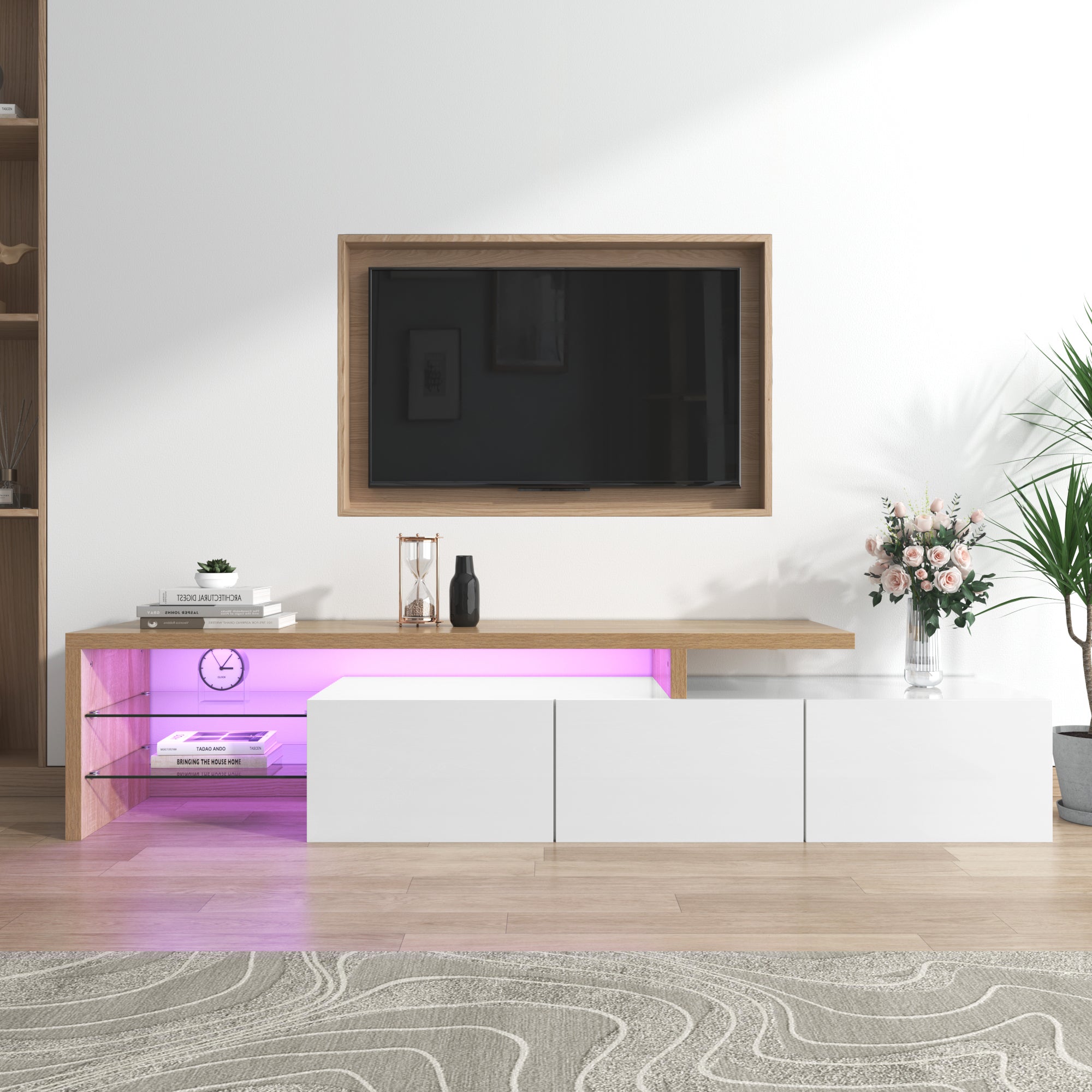 TV Cabinet, Modern Stylish Elegant with Practical Storage, High-Gloss White, Wooden Look, Glass Shelves & LED Lighting