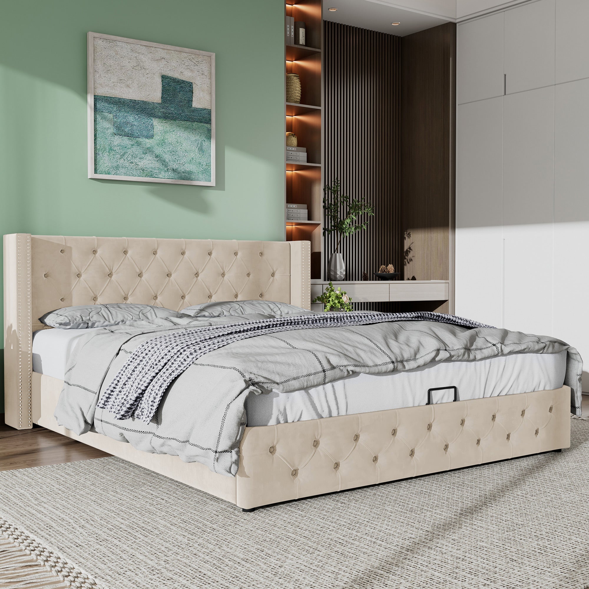 Upholstered Bed, Hydraulic Lift & Storage, 150x200cm Velvet, Beige