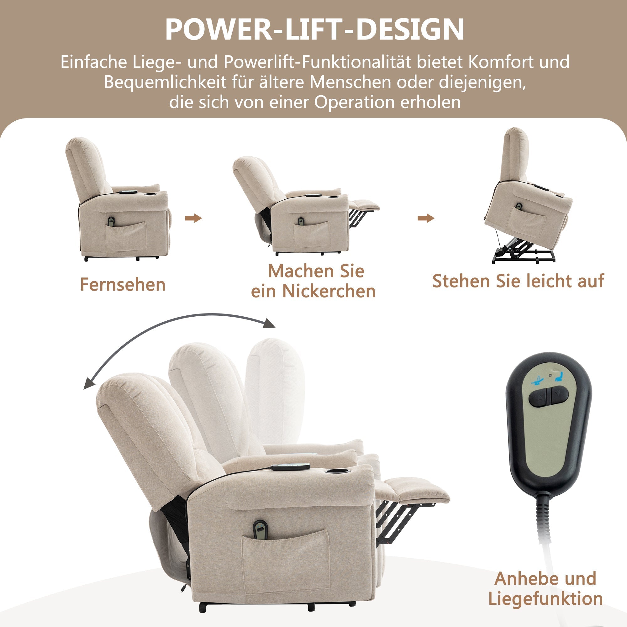 Power Lift Geriatric Recliner Chair with Single Motor, Heated Massage, Standing Assist, Storage Bag & Cup Holder in Beige