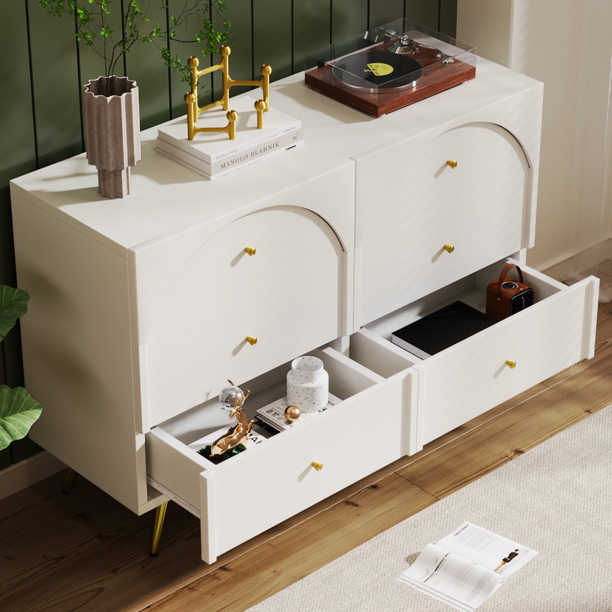 Sideboard Cabinet, 6-Drawer Chest, Living Room Storage, Cream White