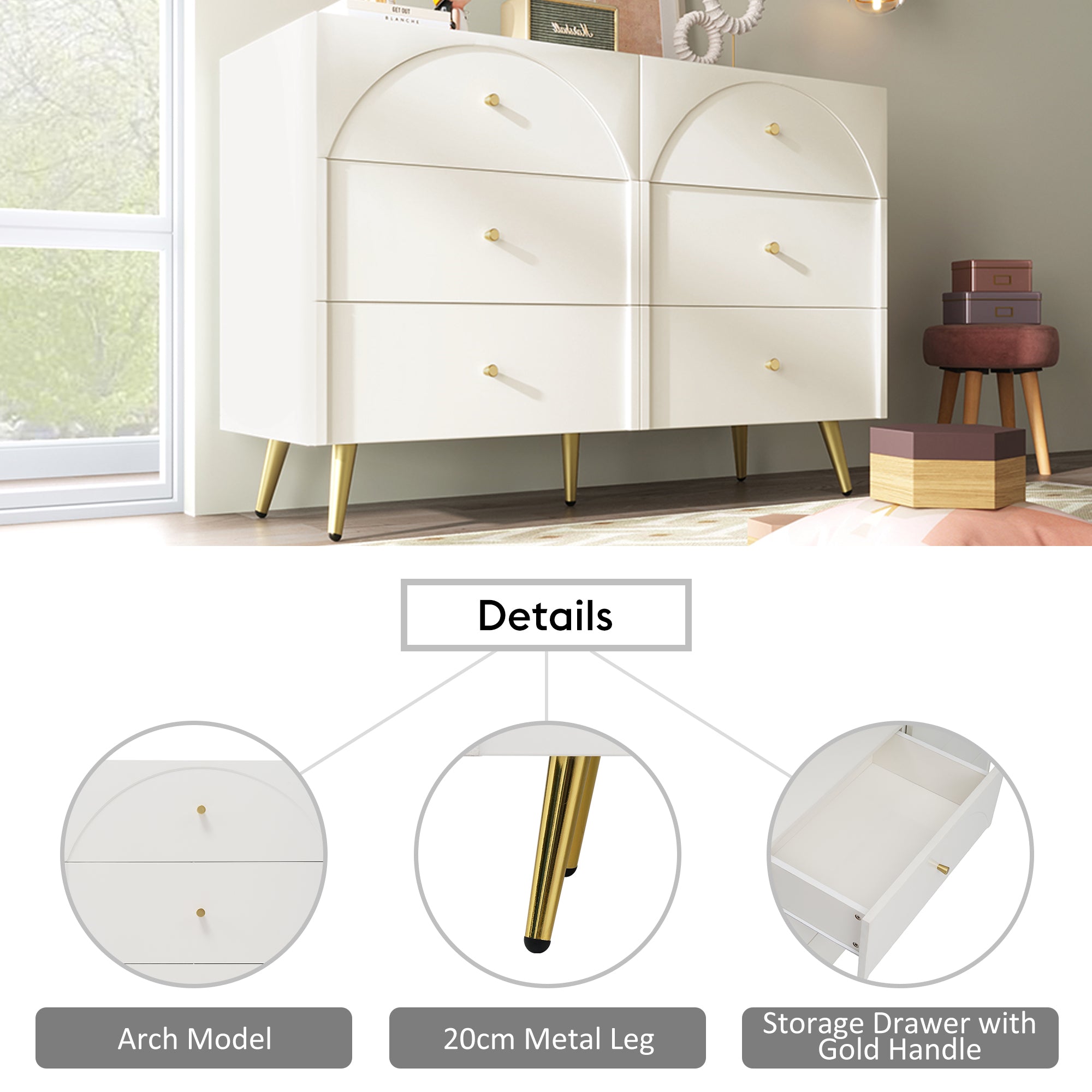 Sideboard Cabinet, 6-Drawer Chest, Living Room Storage, Cream White