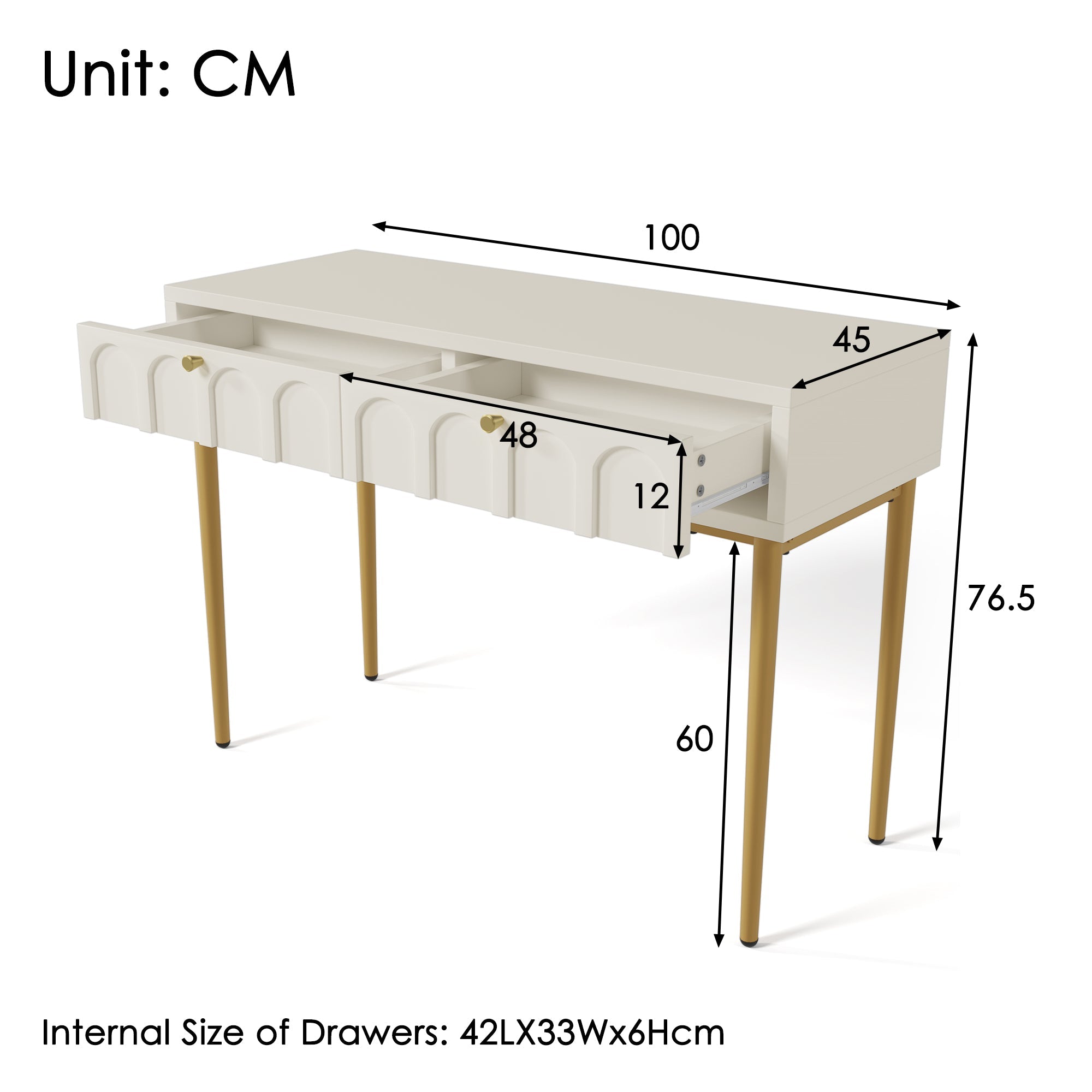 Dressing Table with 2 Drawers 76.5cm High, Cream-White Particle Board
