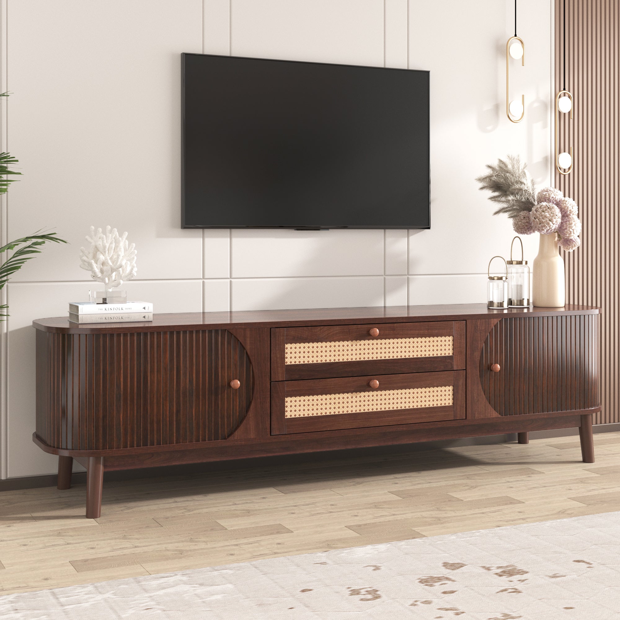 TV Cabinet - Natural Walnut Color Mixed TV Panel with Rattan Drawers