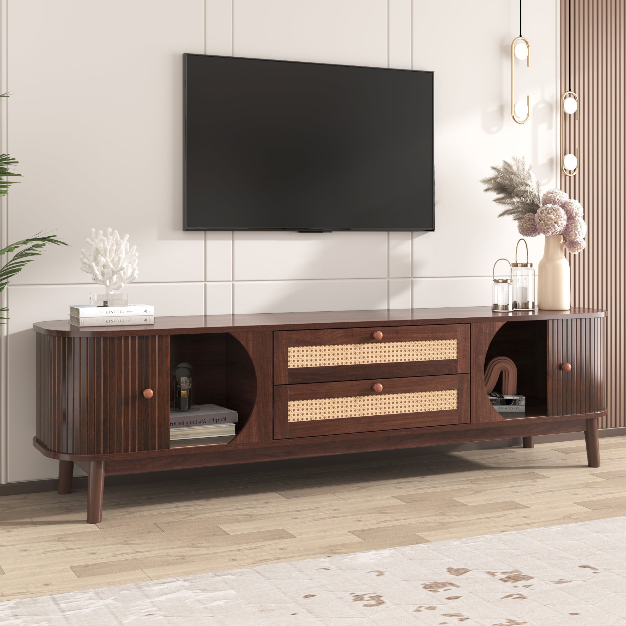 TV Cabinet - Natural Walnut Color Mixed TV Panel with Rattan Drawers