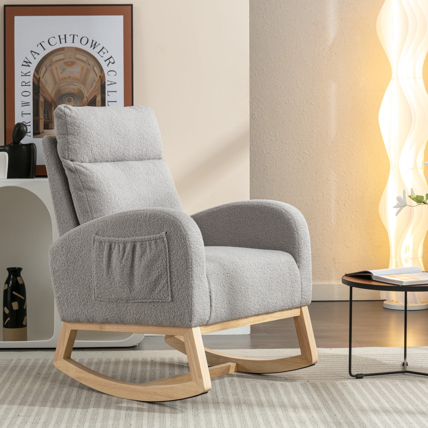 Mid Century Modern Rocking Chair: Teddy Fabric Upholstered, Padded Seat for Living Room/Bedroom, Light Grey