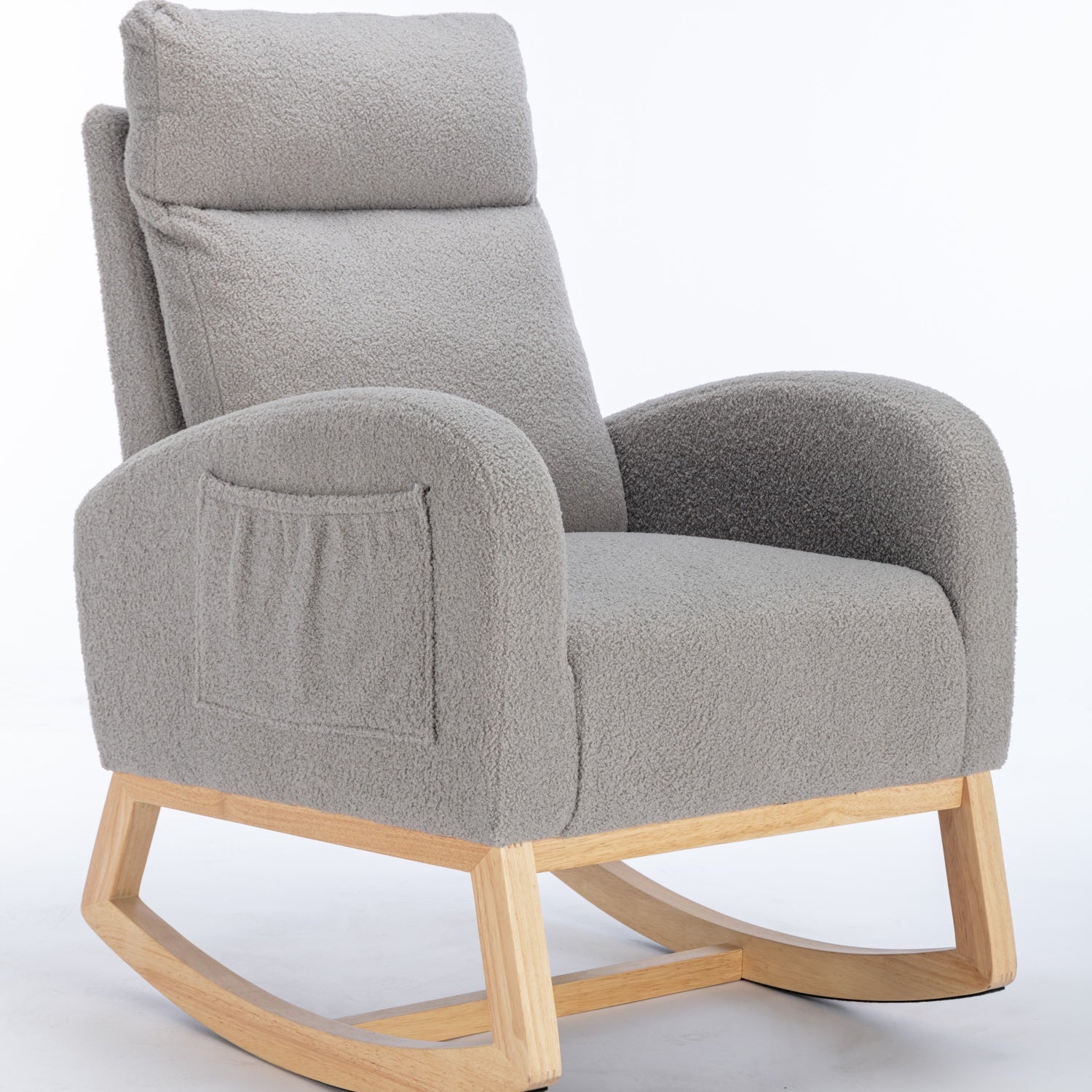 Mid Century Modern Rocking Chair: Teddy Fabric Upholstered, Padded Seat for Living Room/Bedroom, Light Grey