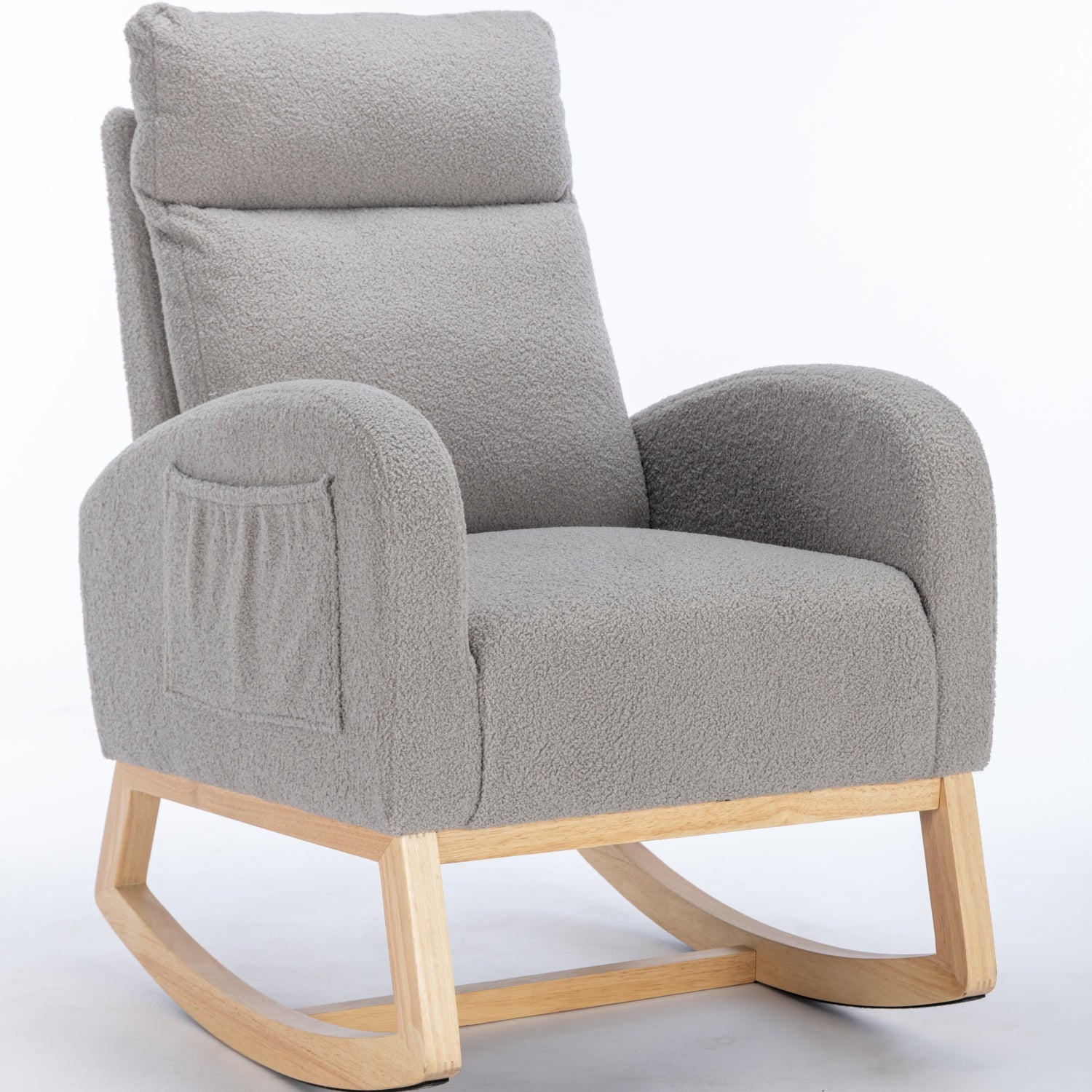Mid Century Modern Rocking Chair: Teddy Fabric Upholstered, Padded Seat for Living Room/Bedroom, Light Grey
