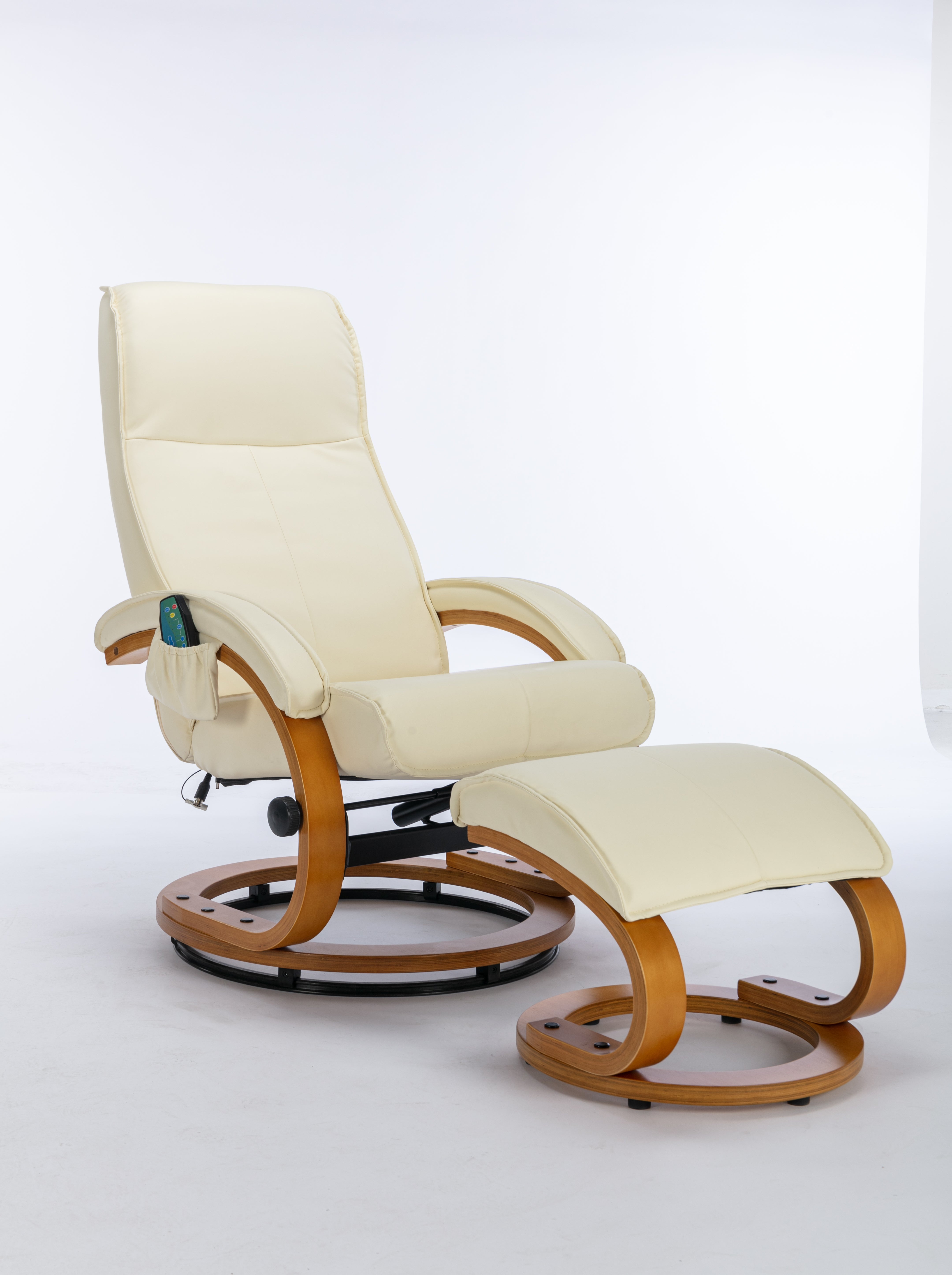 PU Upholstered Massage Recliner with Ottoman Footstool, 5 Points Massager, Bentwood Base, Beige
