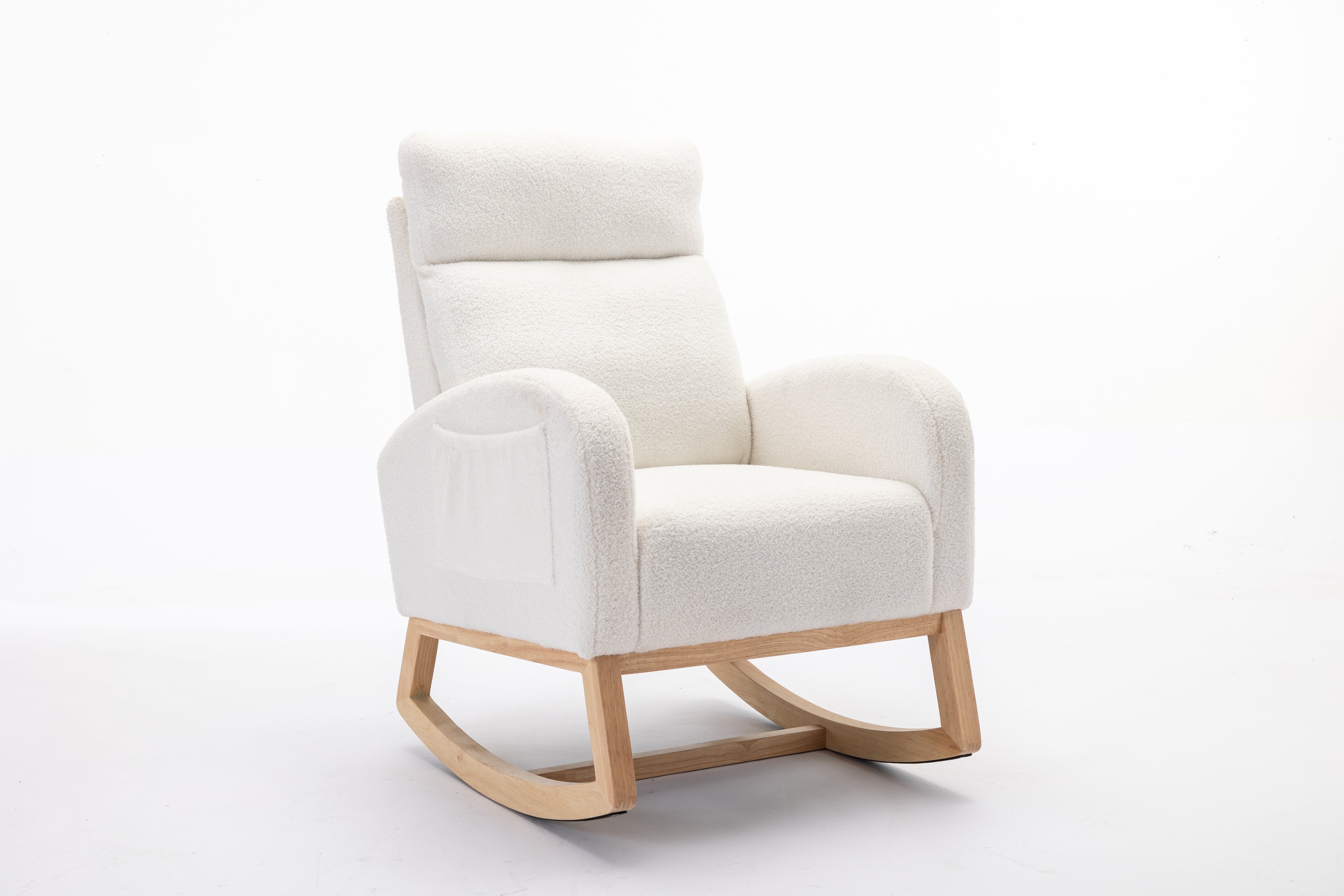 Mid Century Modern Teddy Fabric Upholstered Rocking Chair Padded Seat For Living Room Bedroom, Beige