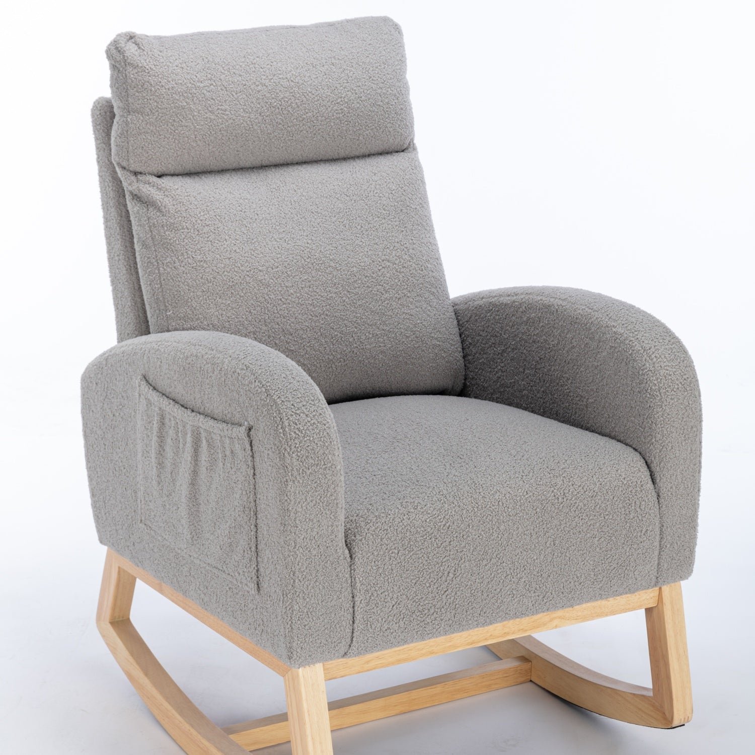 Mid Century Modern Rocking Chair: Teddy Fabric Upholstered, Padded Seat for Living Room/Bedroom, Light Grey