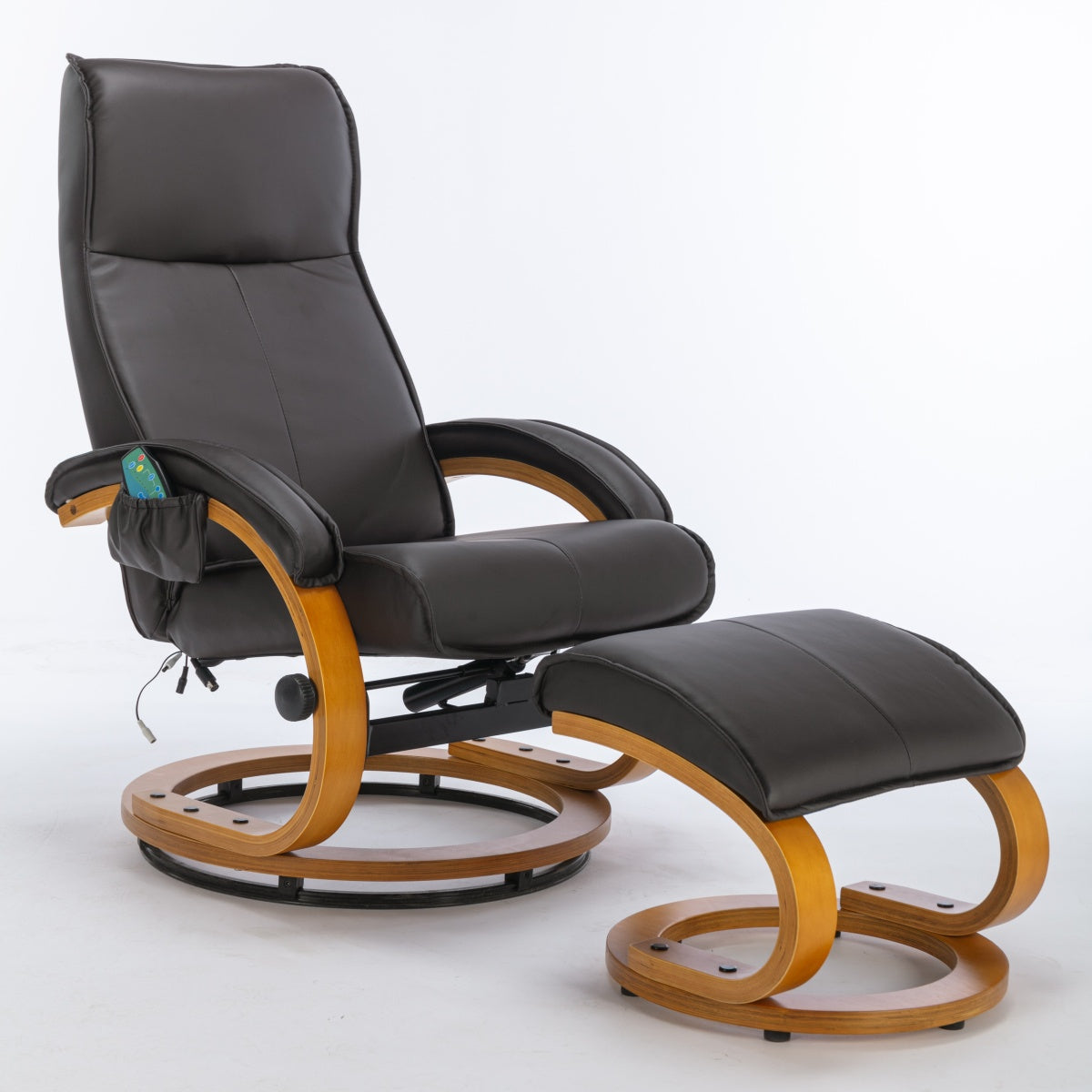 PU Upholstered Massage Recliner with Ottoman Footstool, 5 Points Massager, Bentwood Base, Brown