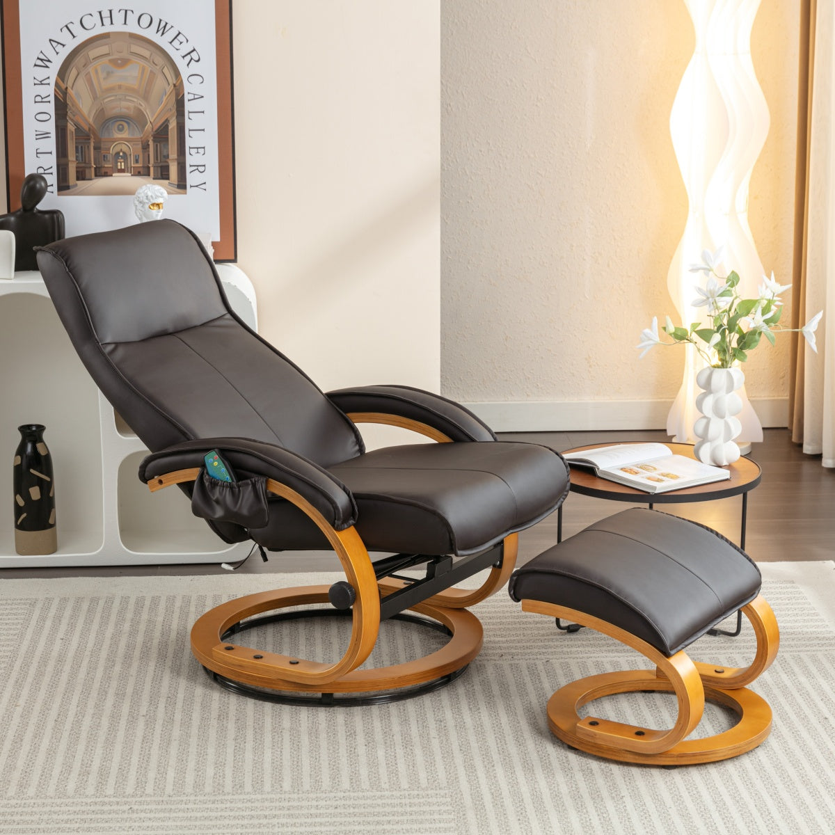 PU Upholstered Massage Recliner with Ottoman Footstool, 5 Points Massager, Bentwood Base, Brown