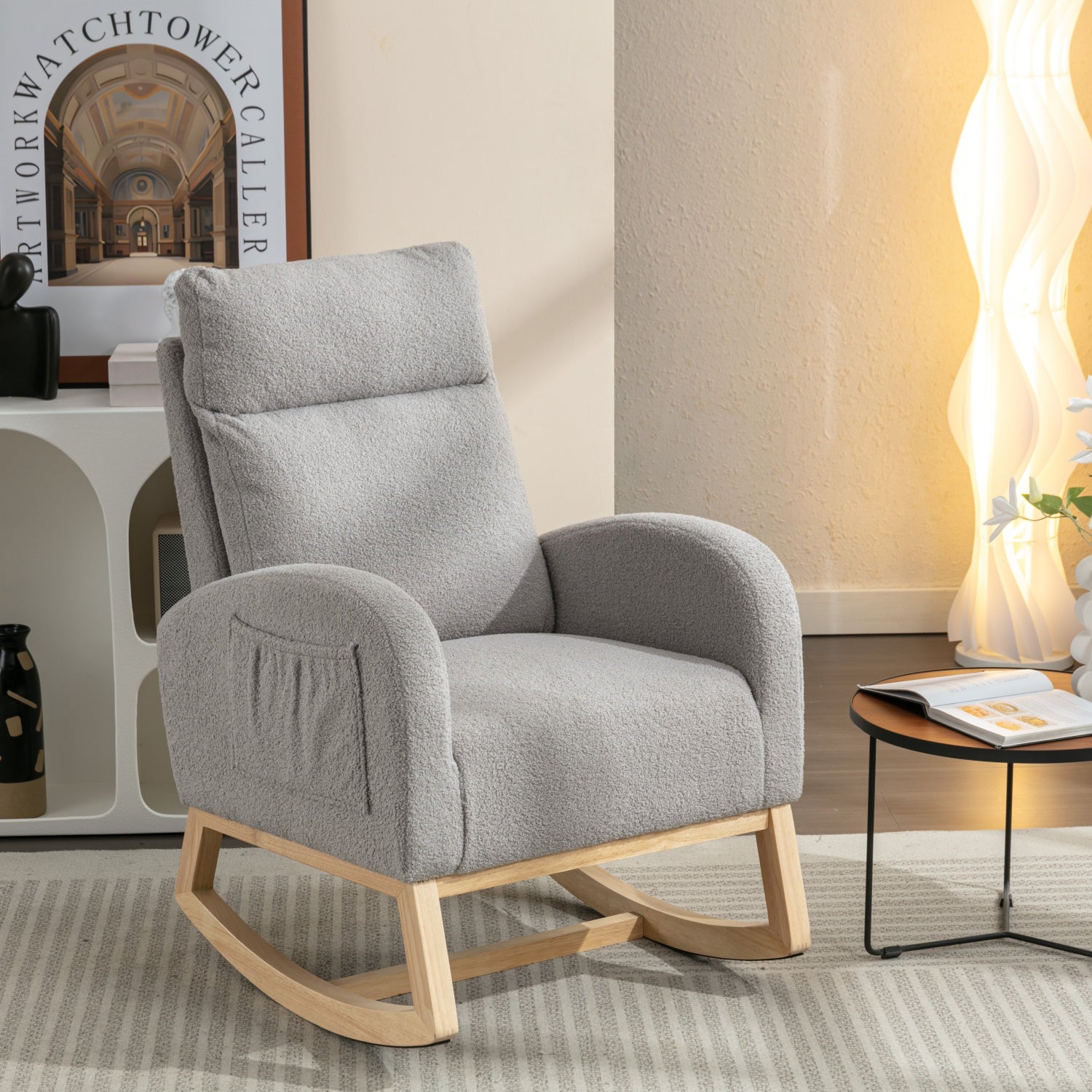 Mid Century Modern Rocking Chair: Teddy Fabric Upholstered, Padded Seat for Living Room/Bedroom, Light Grey