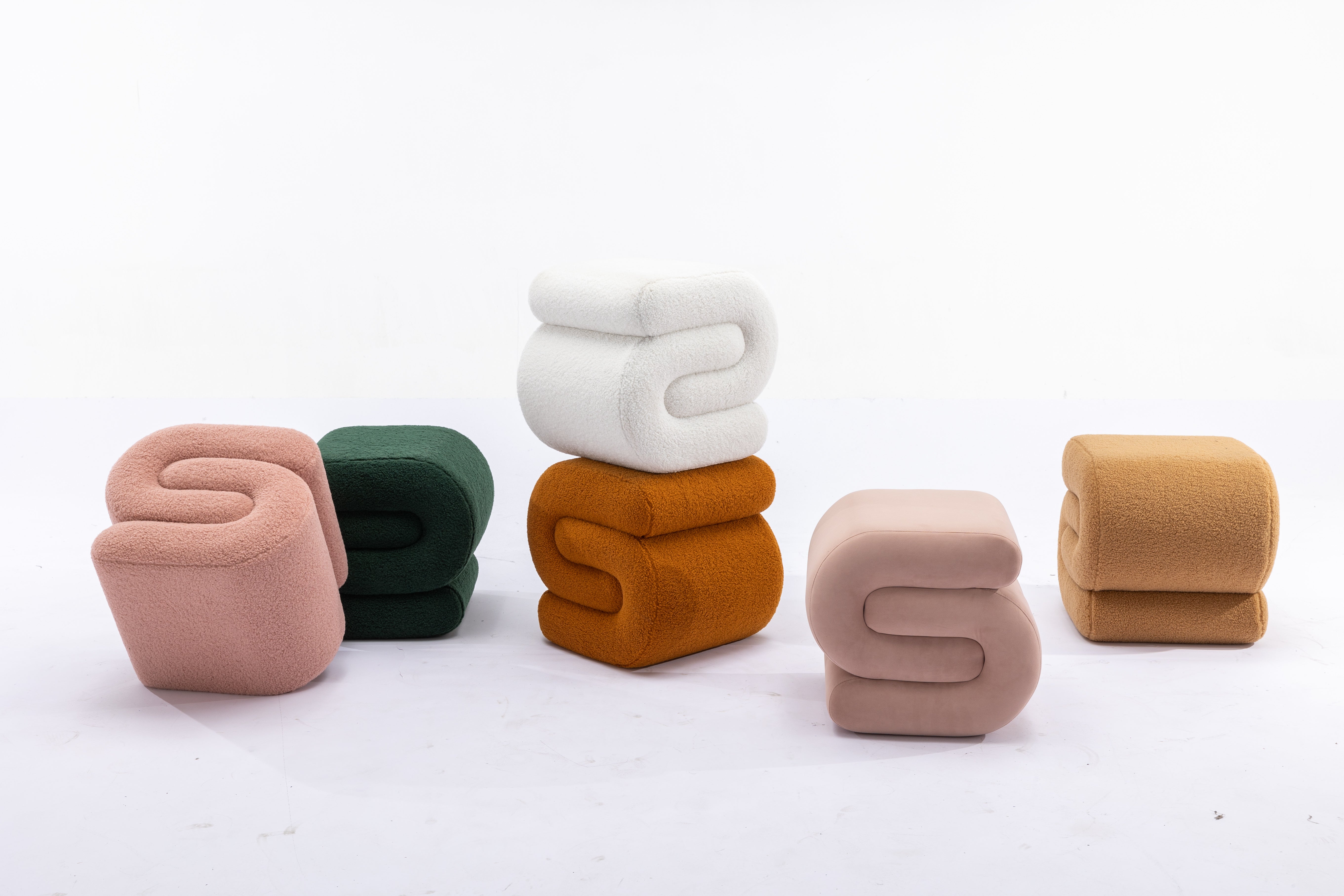 Velvet Ottoman Fabric S-shape Stool Wavy Pouf Pink