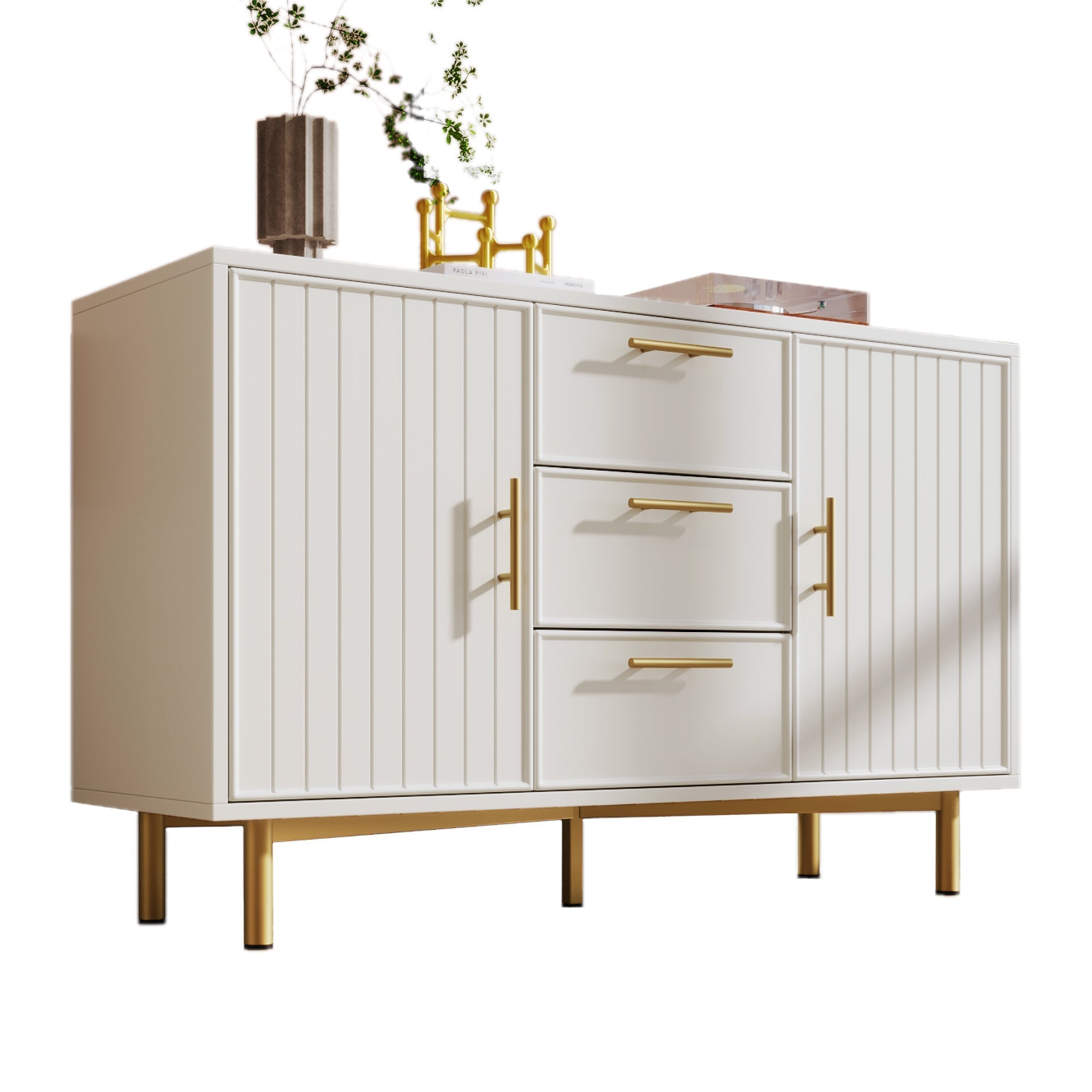 Sideboard Cabinet for Living Room, Chest of Drawers with 2 Doors & 3 Drawers, Adjustable Shelf, White