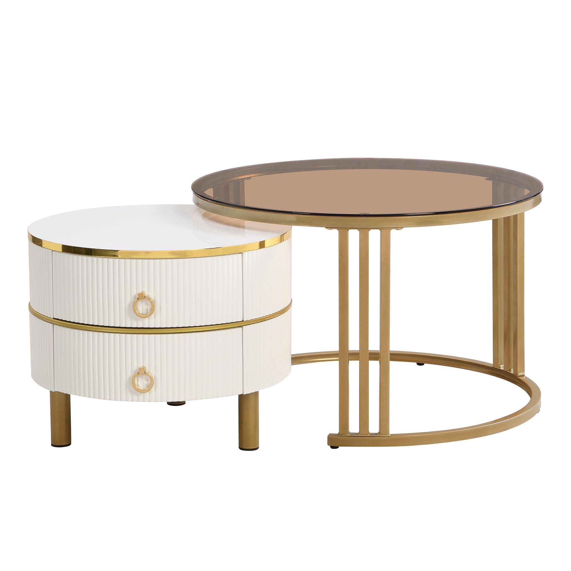 Coffee Table and Side Table Combination, 2-in-1 Round MDF with High-Gloss & Brown Tempered Glass Tops, 2 Drawers