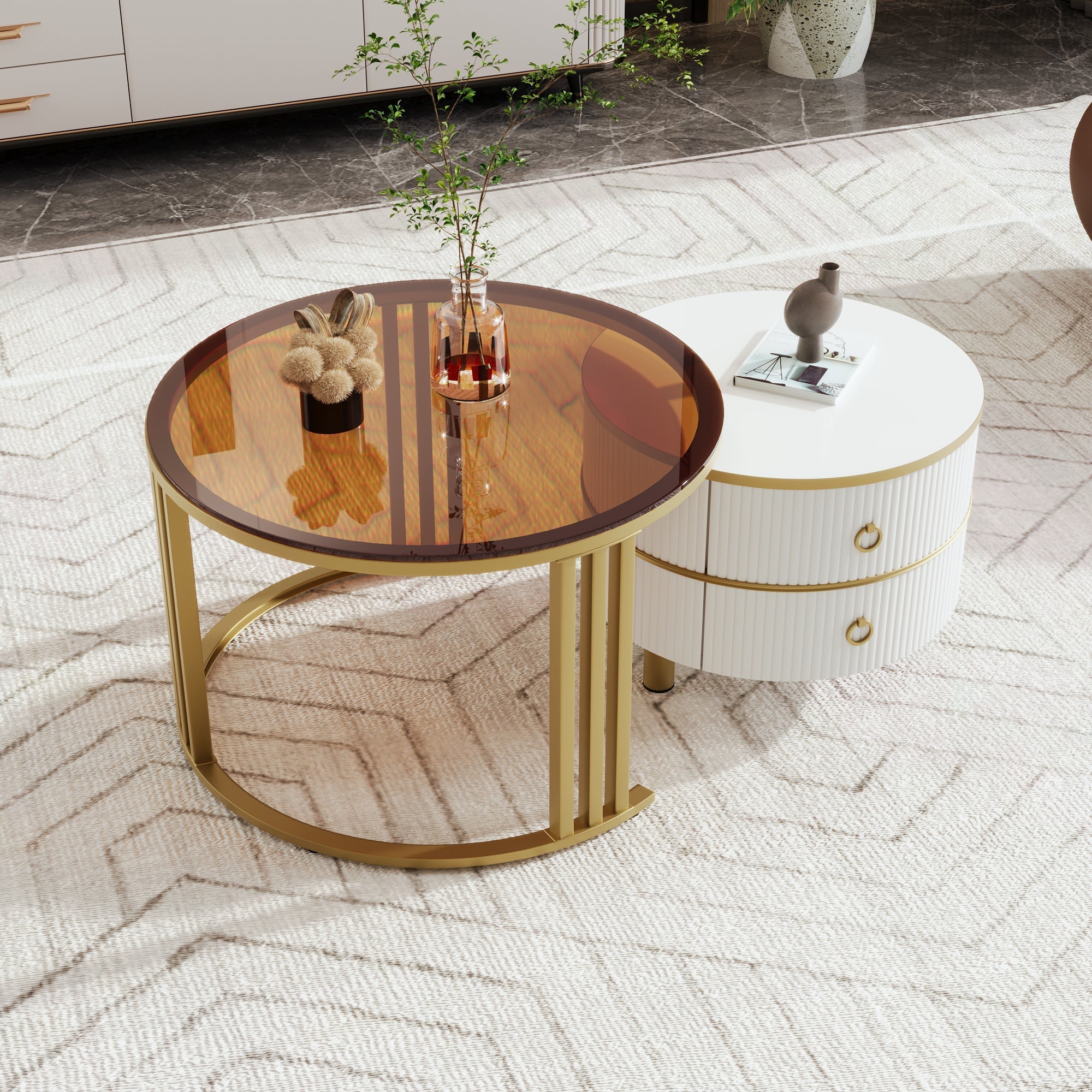 Coffee Table and Side Table Combination, 2-in-1 Round MDF with High-Gloss & Brown Tempered Glass Tops, 2 Drawers
