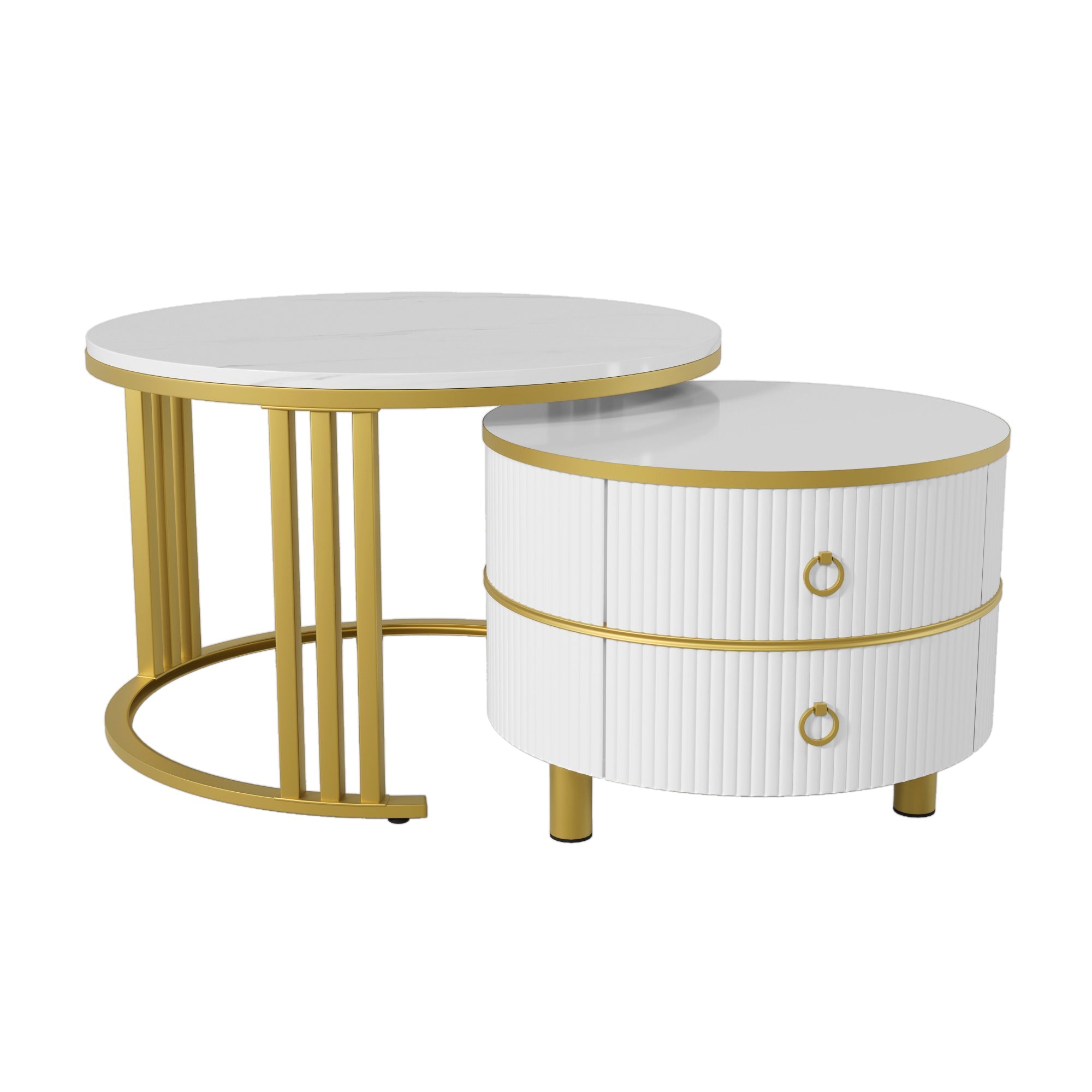 Coffee Table Set, 2-in-1 Round MDF & Side Table with Drawers, White