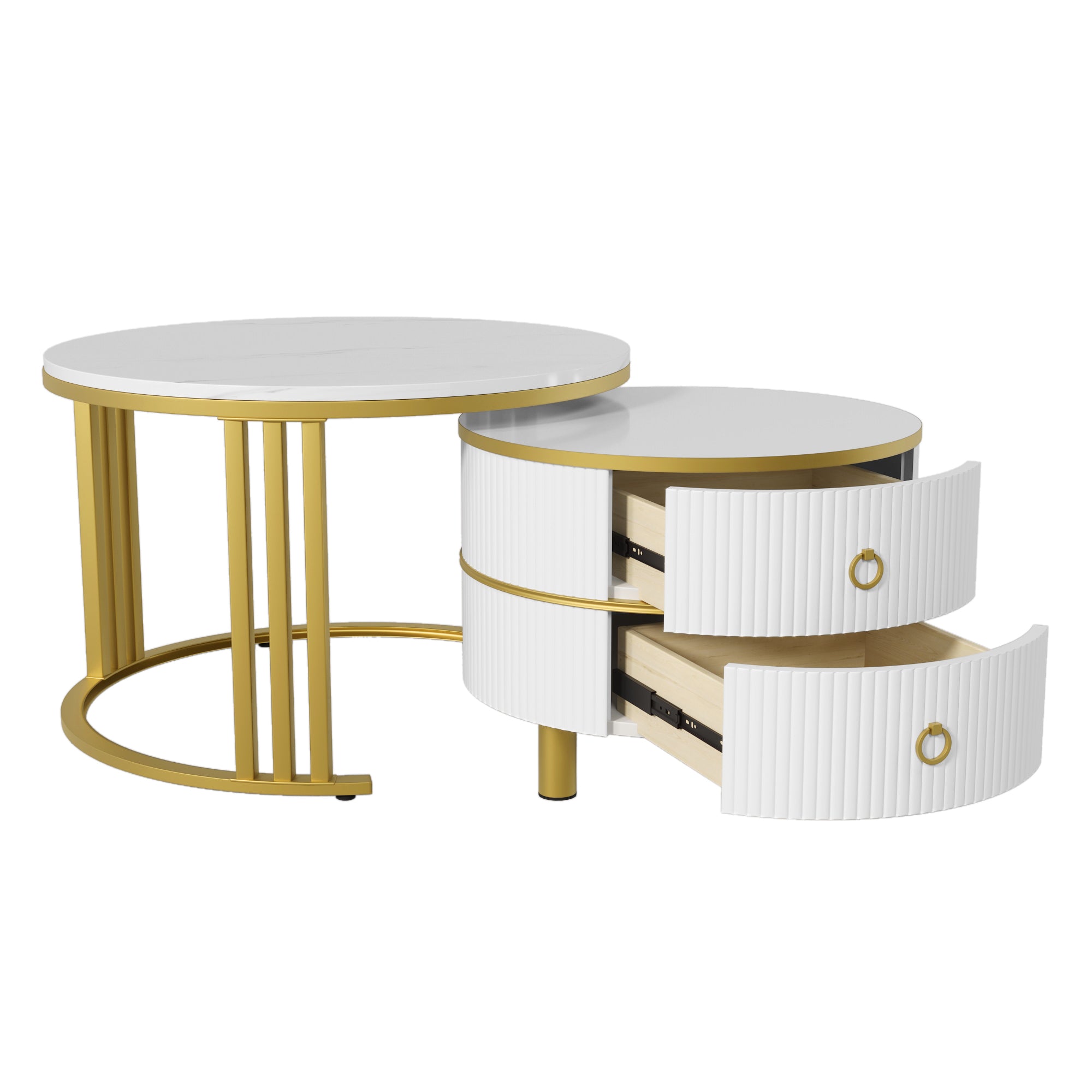 Coffee Table Set, 2-in-1 Round MDF & Side Table with Drawers, White