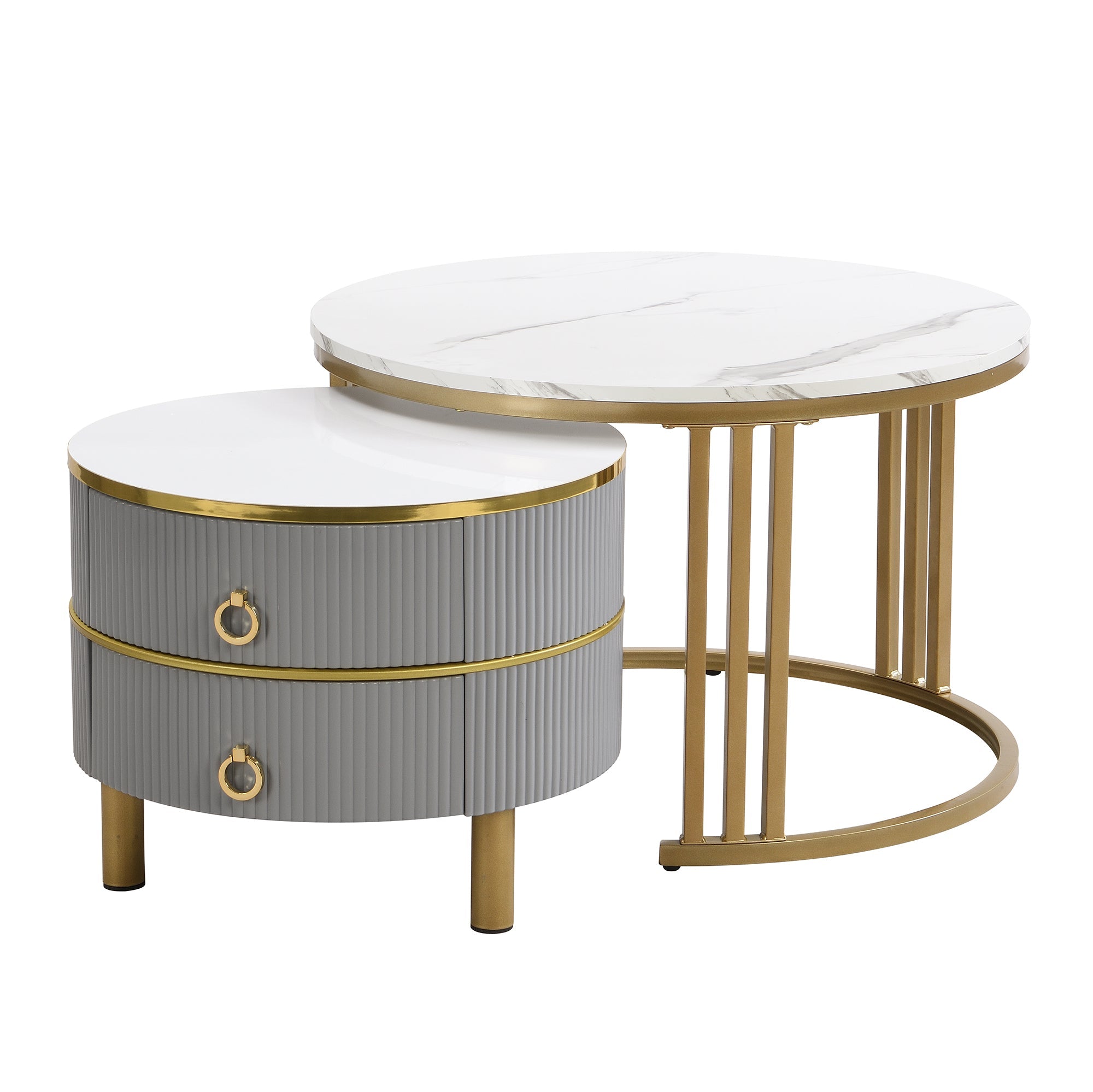 Coffee Table Set, 2-in-1 MDF Round Coffee Table with 2 Drawers & Side Table, White and Grey