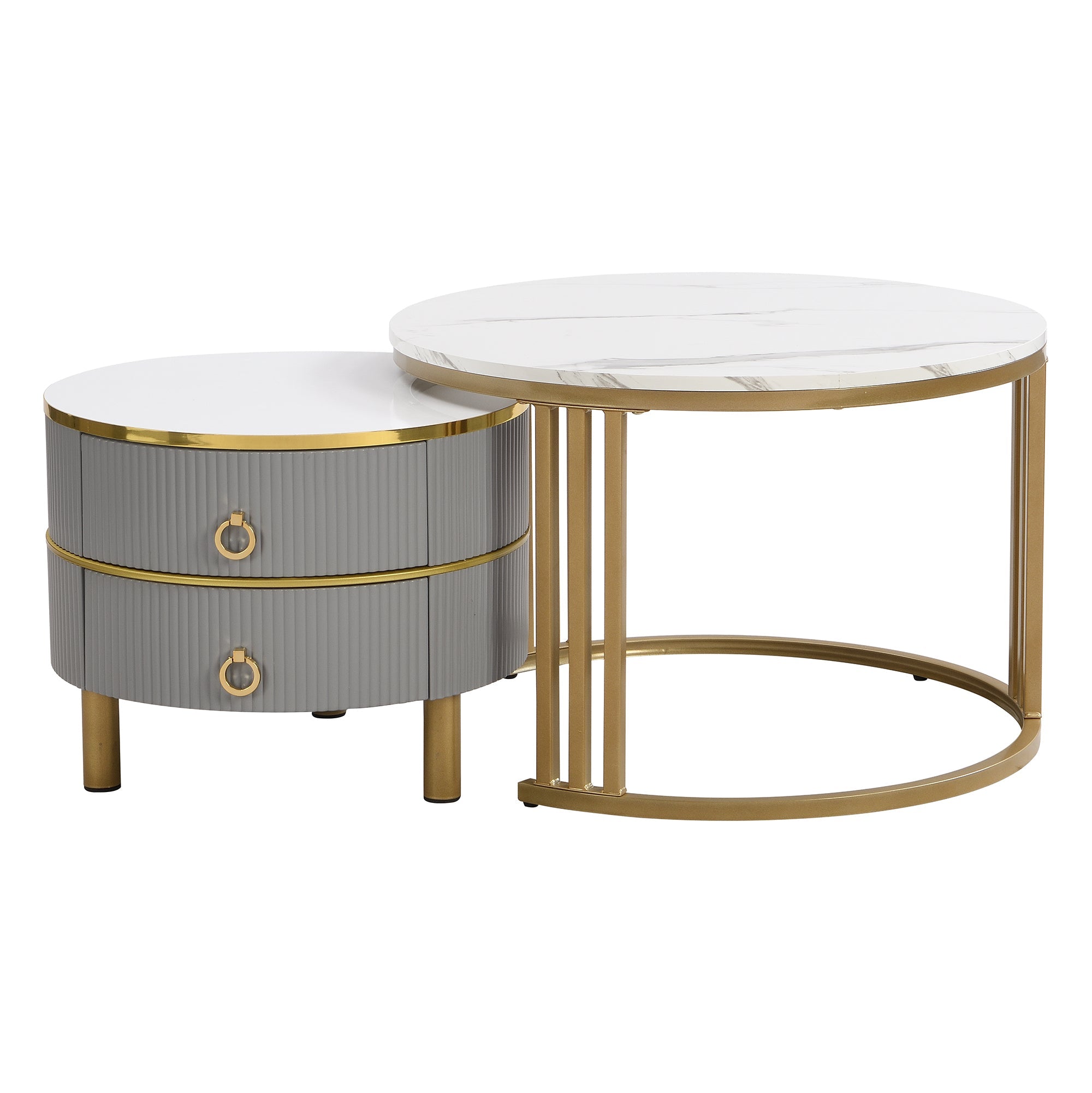 Coffee Table Set, 2-in-1 MDF Round Coffee Table with 2 Drawers & Side Table, White and Grey