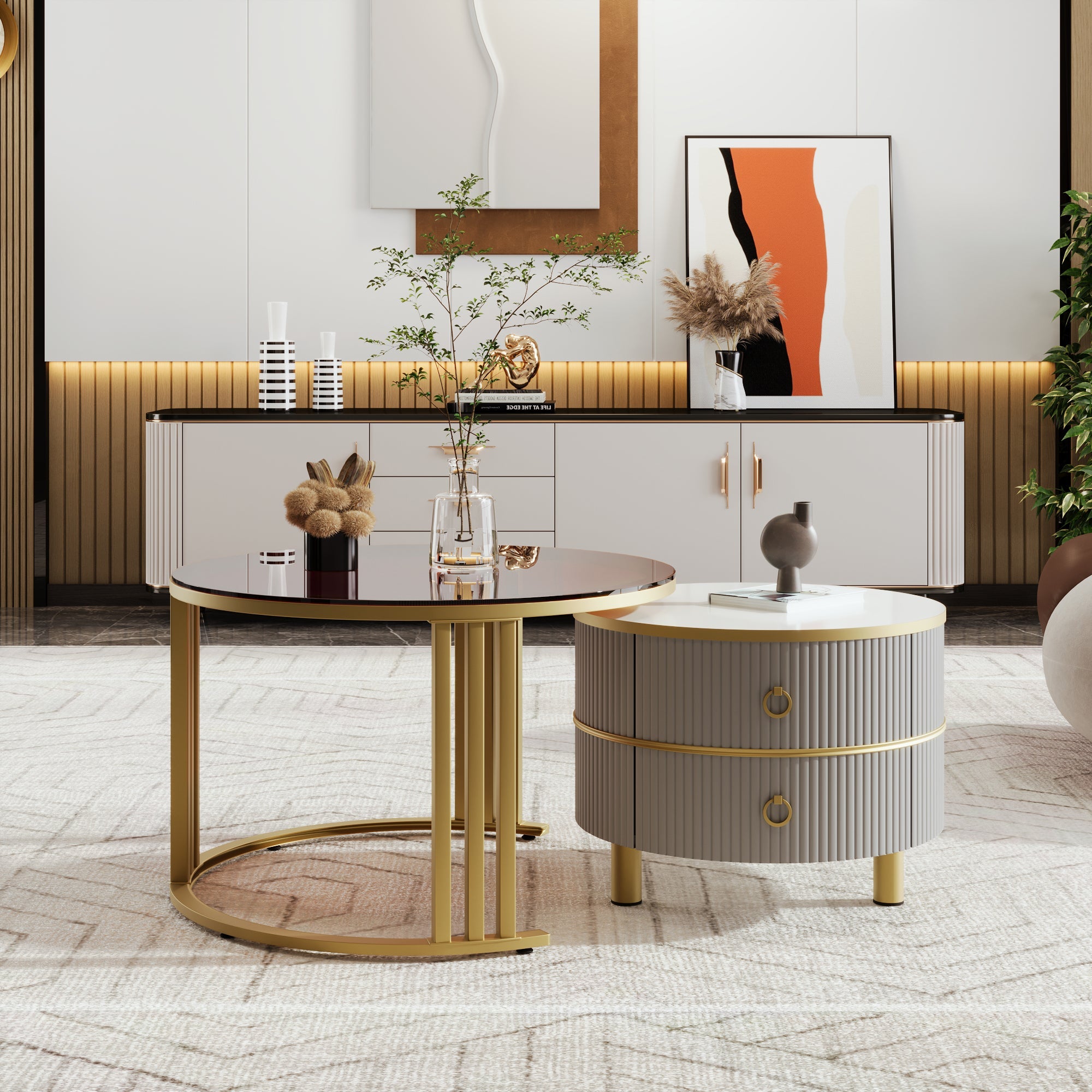 2-in-1 Round Coffee Table Set with High-Gloss Top, Tempered Glass Side Table, and 2 Drawers, Brown