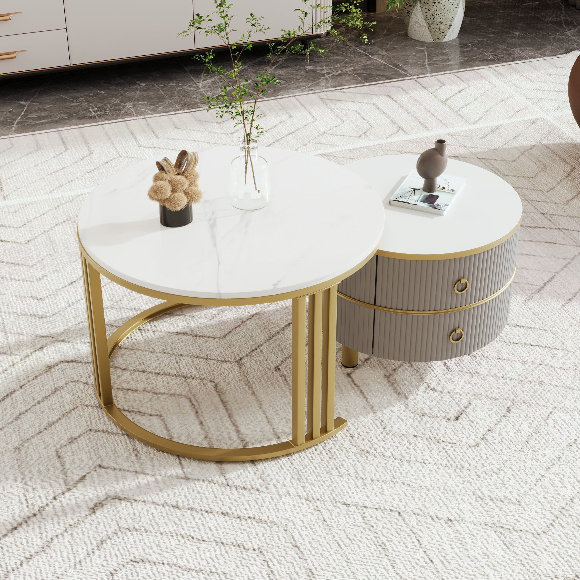 Coffee Table Set, 2-in-1 MDF Round Coffee Table with 2 Drawers & Side Table, White and Grey