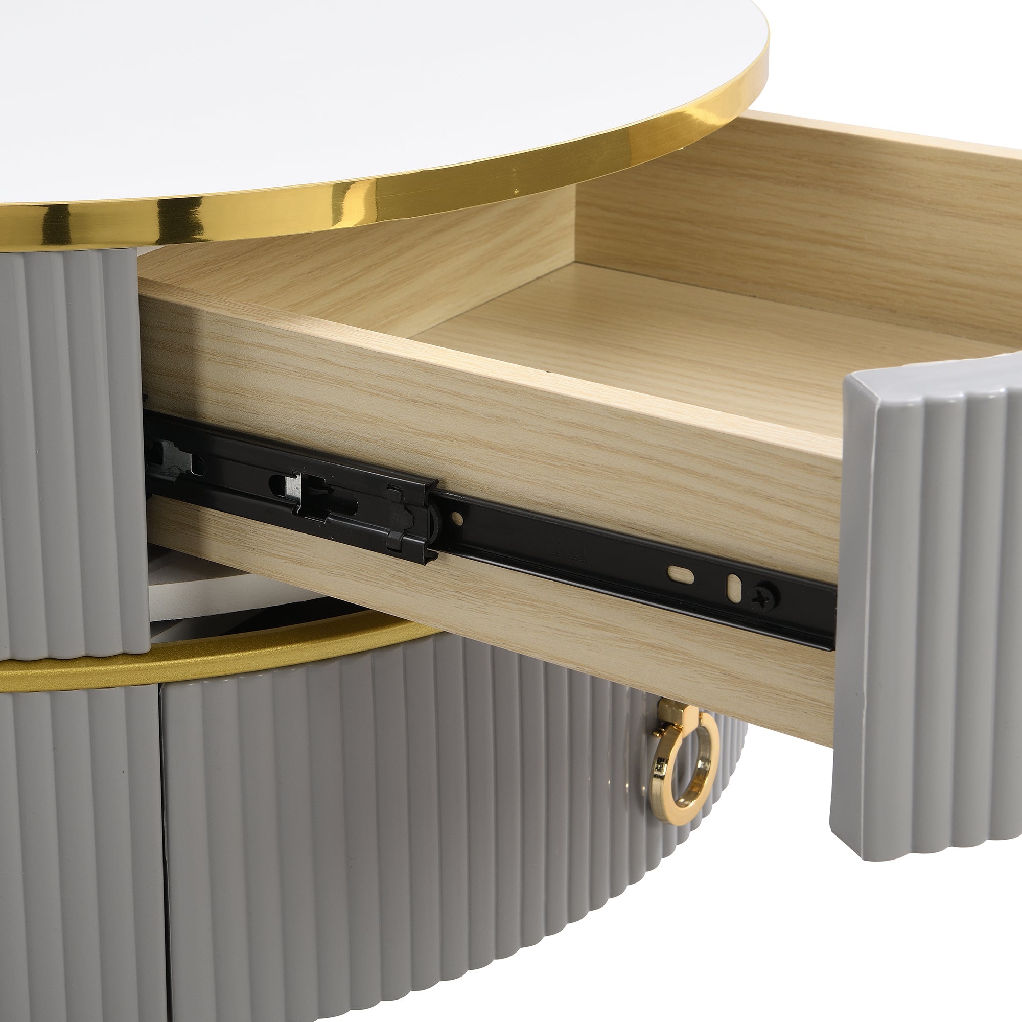 Coffee Table Set, 2-in-1 MDF Round Coffee Table with 2 Drawers & Side Table, White and Grey