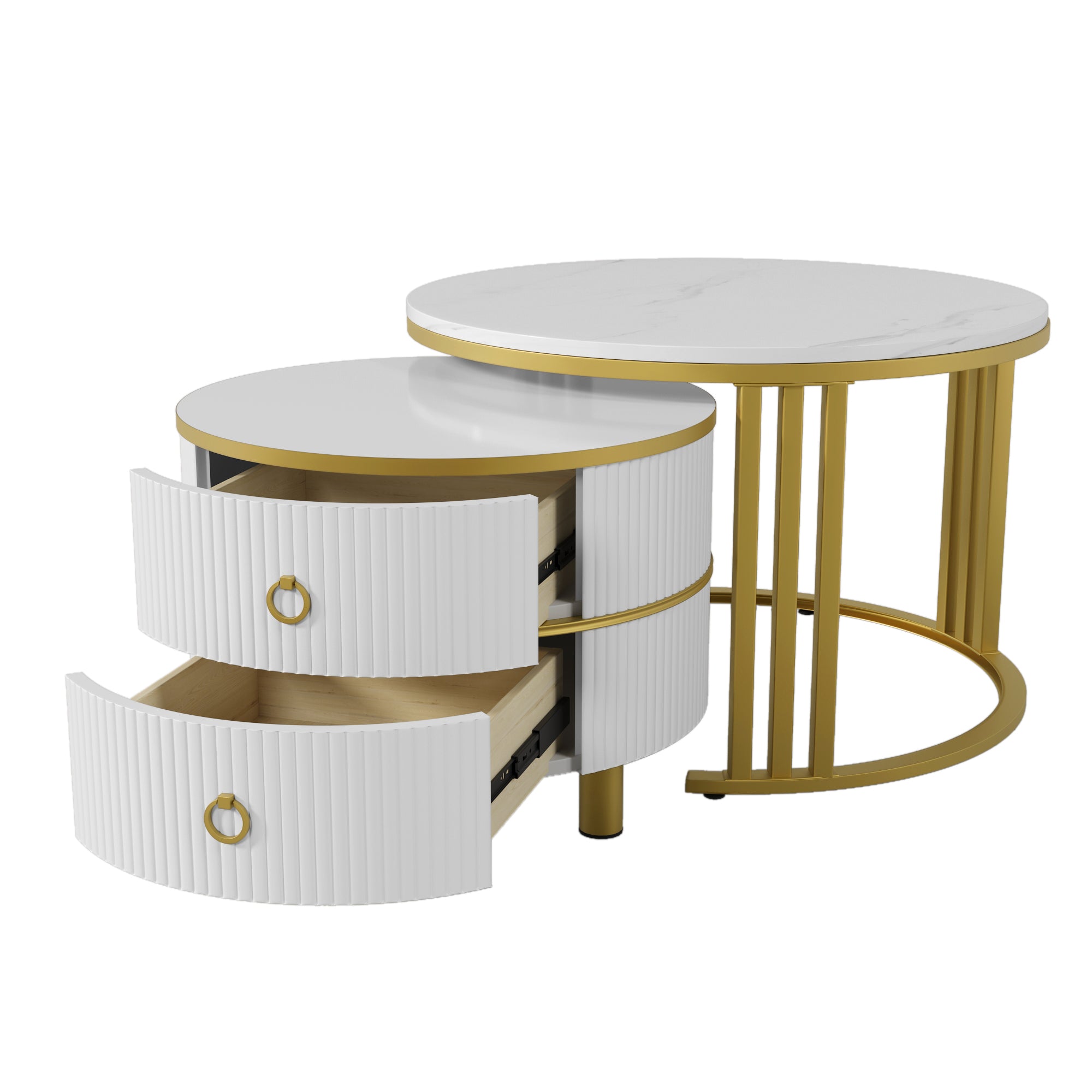 Coffee Table Set, 2-in-1 Round MDF & Side Table with Drawers, White