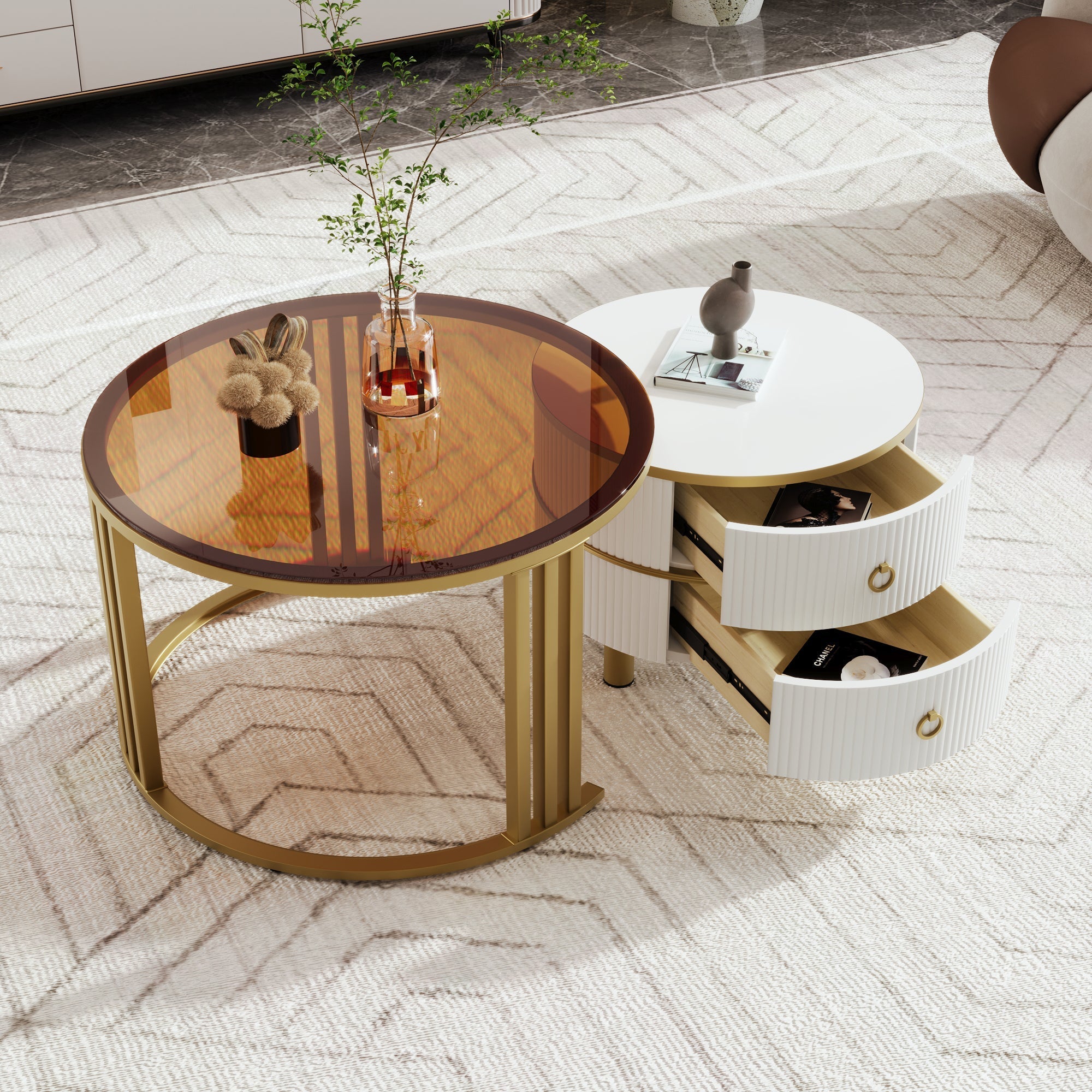 Coffee Table and Side Table Combination, 2-in-1 Round MDF with High-Gloss & Brown Tempered Glass Tops, 2 Drawers