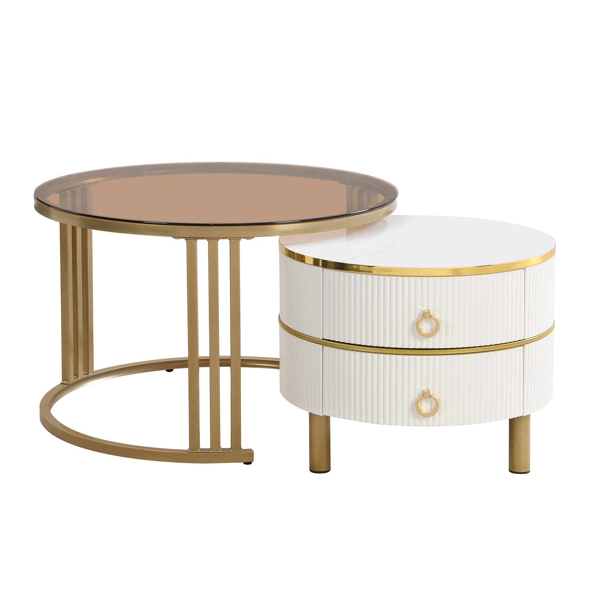 Coffee Table and Side Table Combination, 2-in-1 Round MDF with High-Gloss & Brown Tempered Glass Tops, 2 Drawers