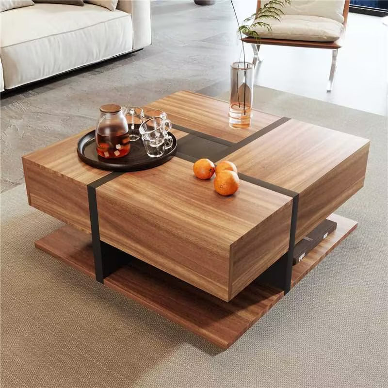 Coffee Table with 4 Drawers, Unique Color Matching, and Bottom Storage Space, 78x78x36cm