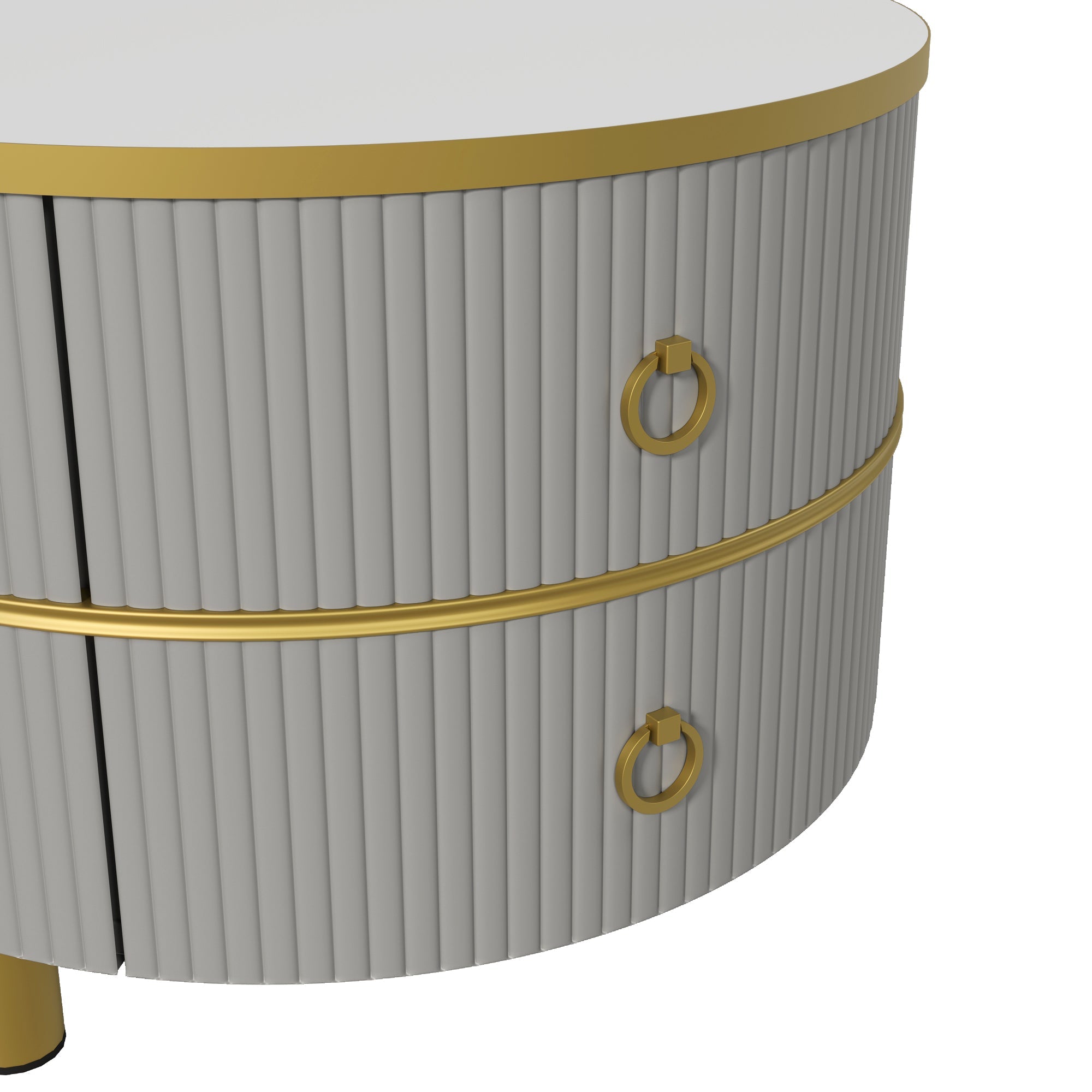 2-in-1 Round Coffee Table Set with High-Gloss Top, Tempered Glass Side Table, and 2 Drawers, Brown