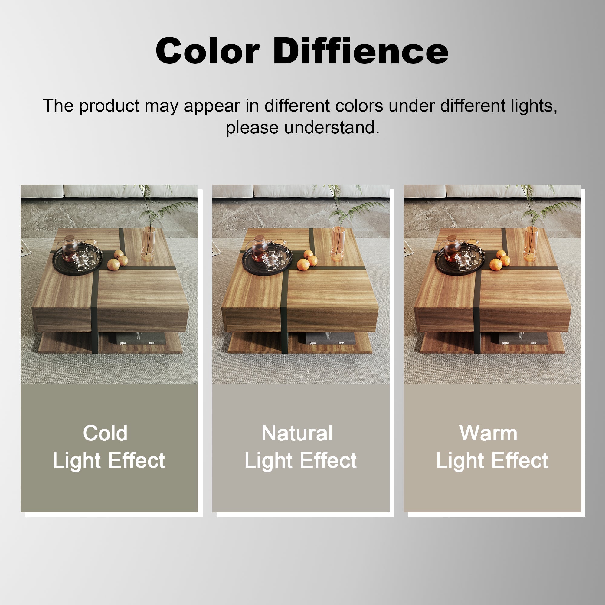 Coffee Table with 4 Drawers, Unique Color Matching, and Bottom Storage Space, 78x78x36cm