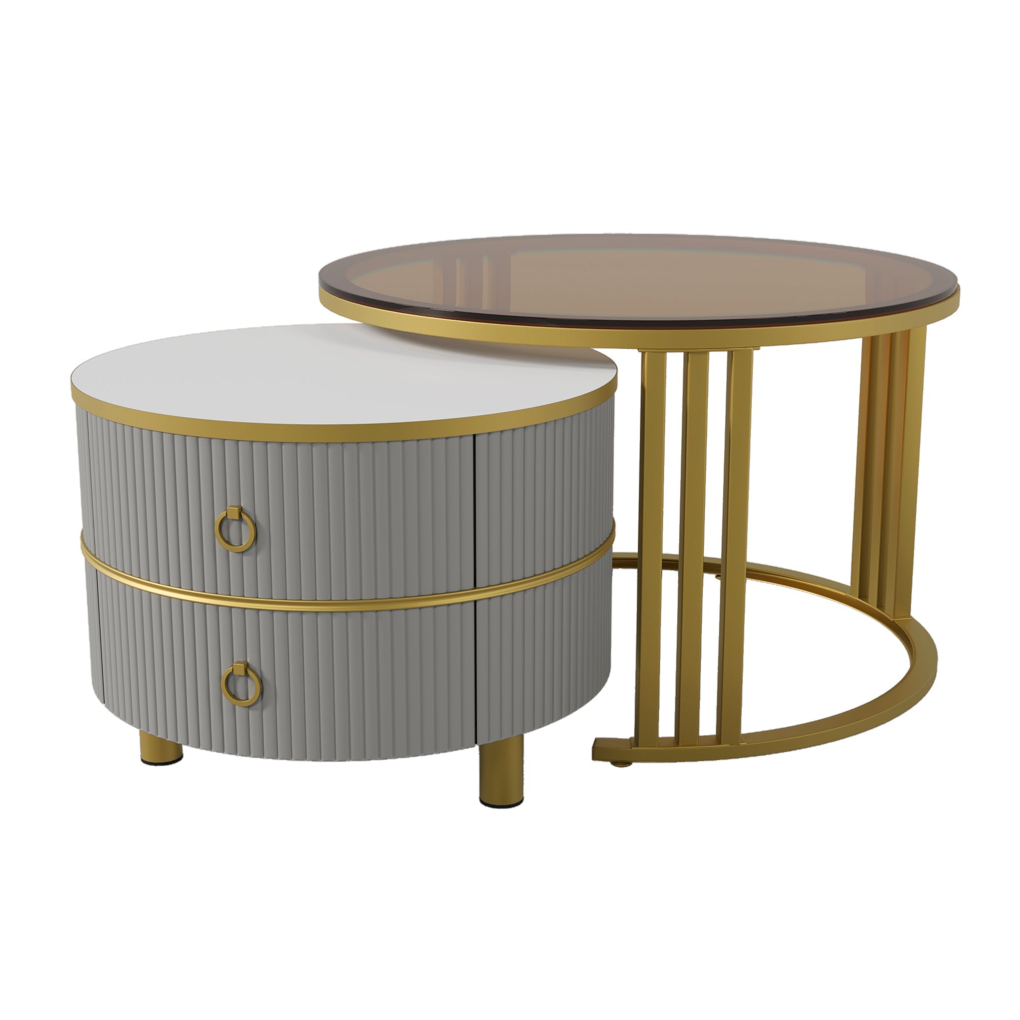 2-in-1 Round Coffee Table Set with High-Gloss Top, Tempered Glass Side Table, and 2 Drawers, Brown