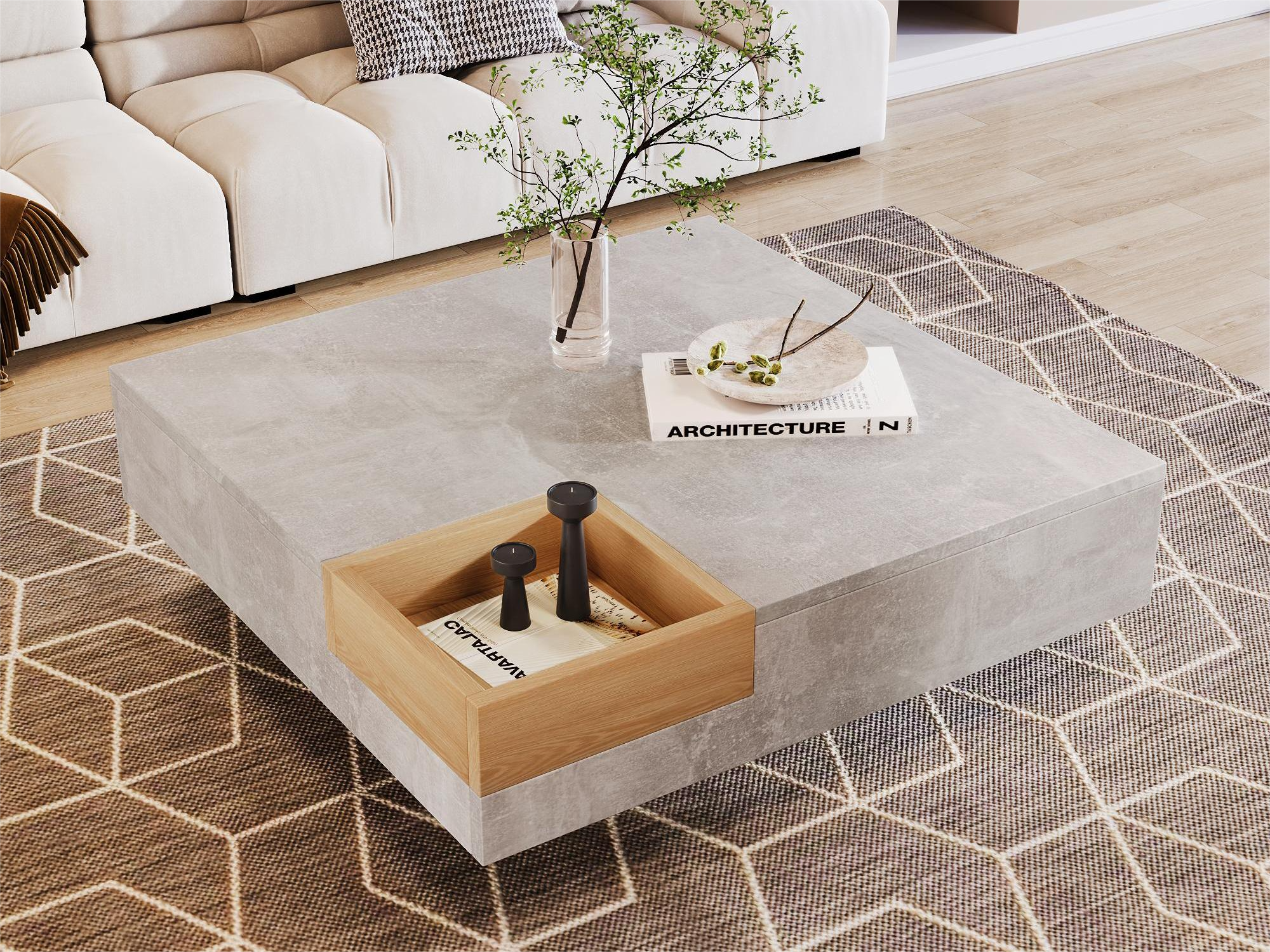 Coffee Table with Removable Storage Box, Concrete Gray and Wood Color