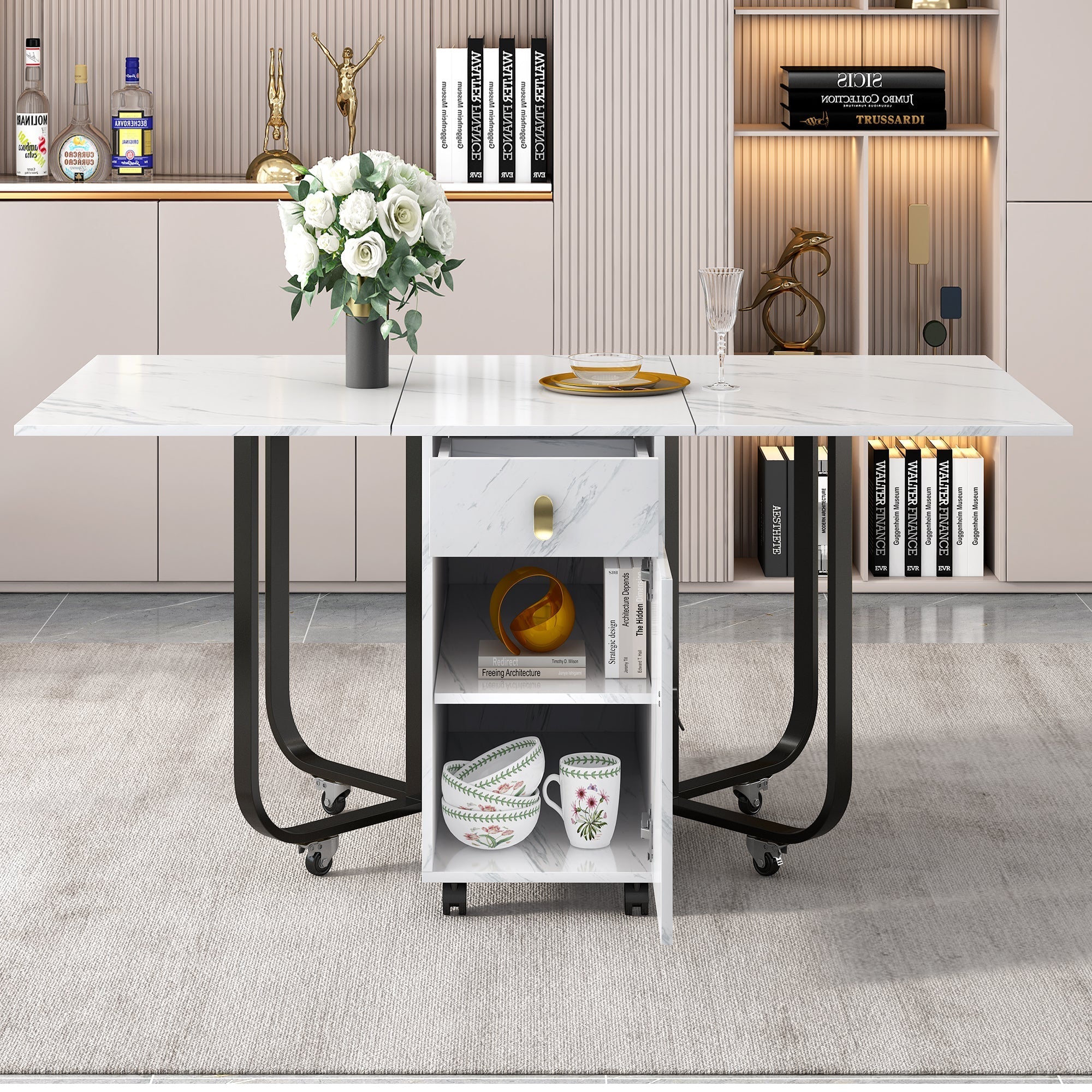 Folding Dining Table with Cupboard, 2 Drawers & Gliders, White/Black