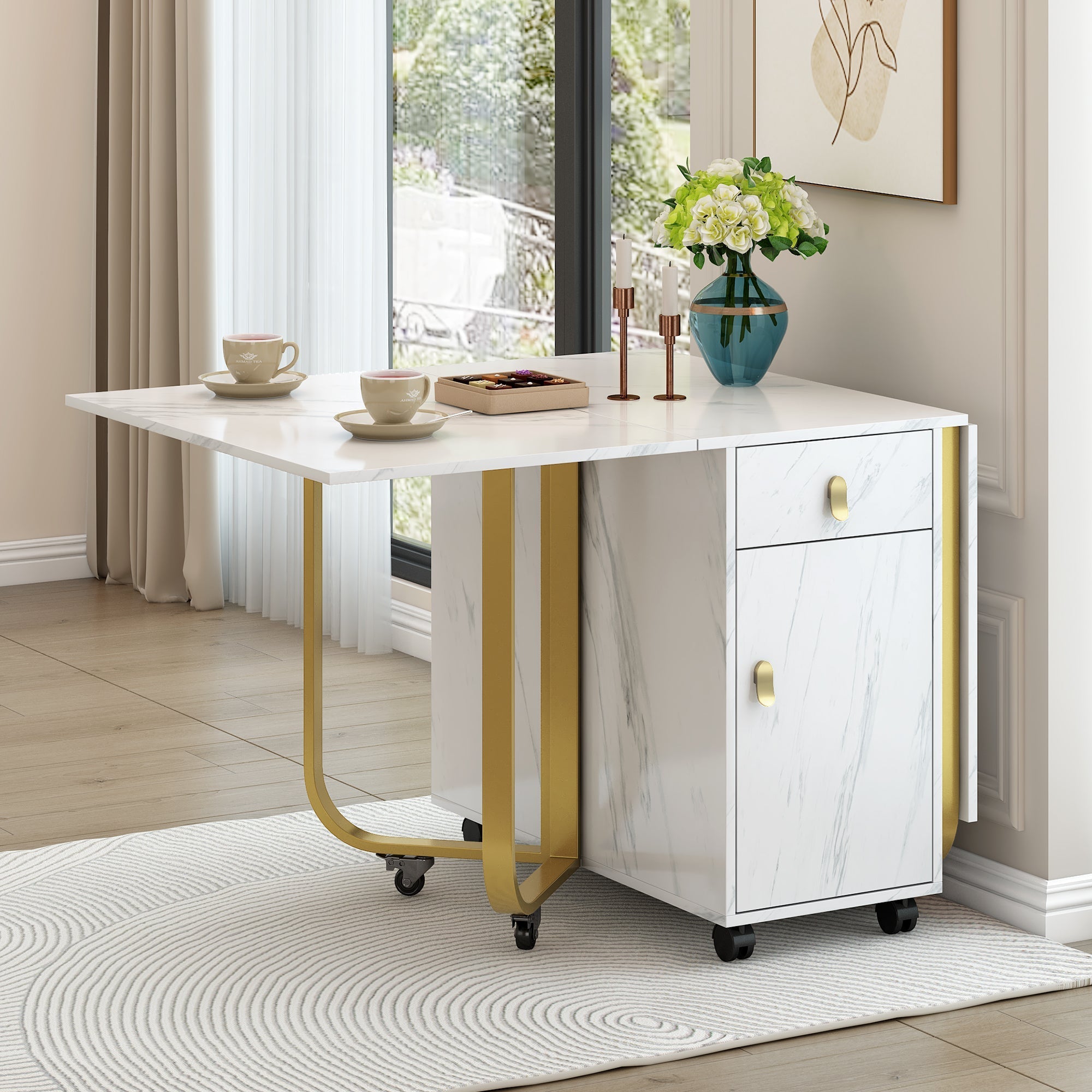 Folding Dining Table with Cupboard & 2 Drawers, Space-Saving Kitchen Utility Table, White/Gold