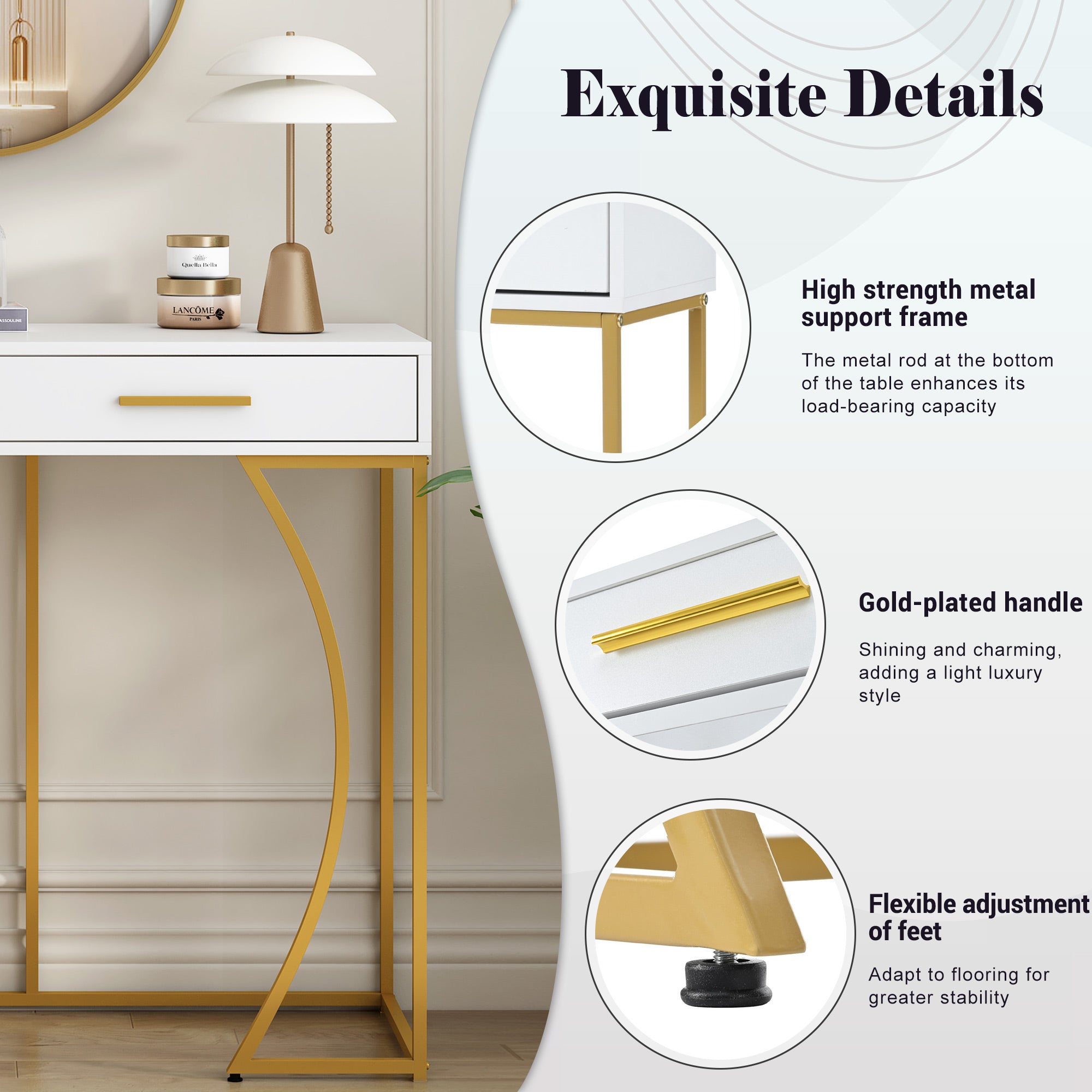 Console Table with 2 Drawers, Light Luxury Style Hallway Side Table, White/Gold