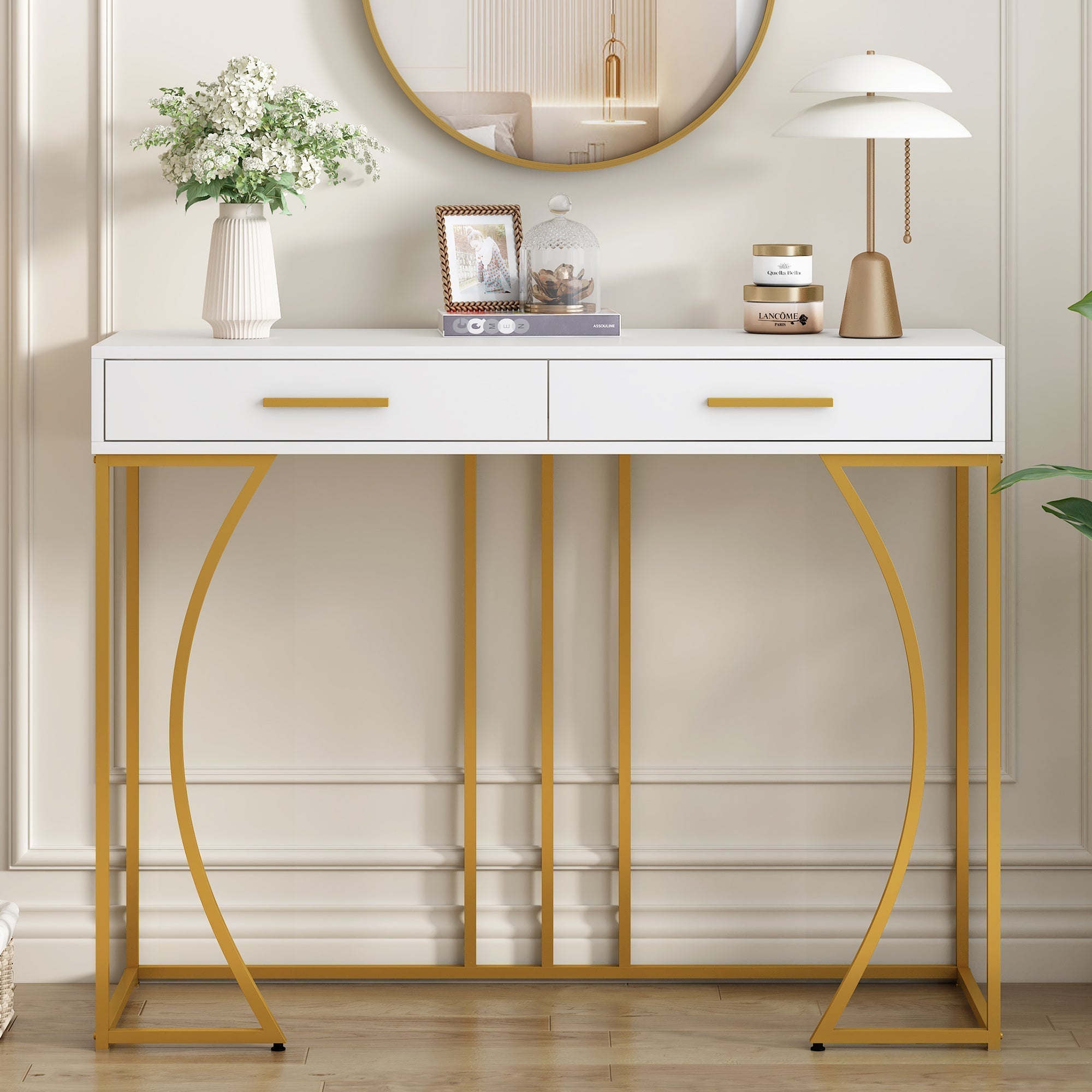 Console Table with 2 Drawers, Light Luxury Style Hallway Side Table, White/Gold