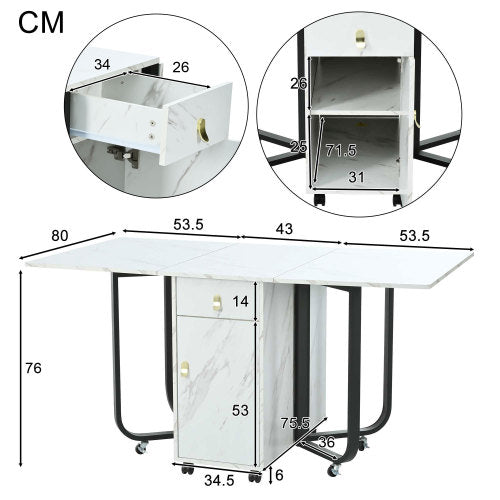 Folding Dining Table with Cupboard, 2 Drawers & Gliders, White/Black