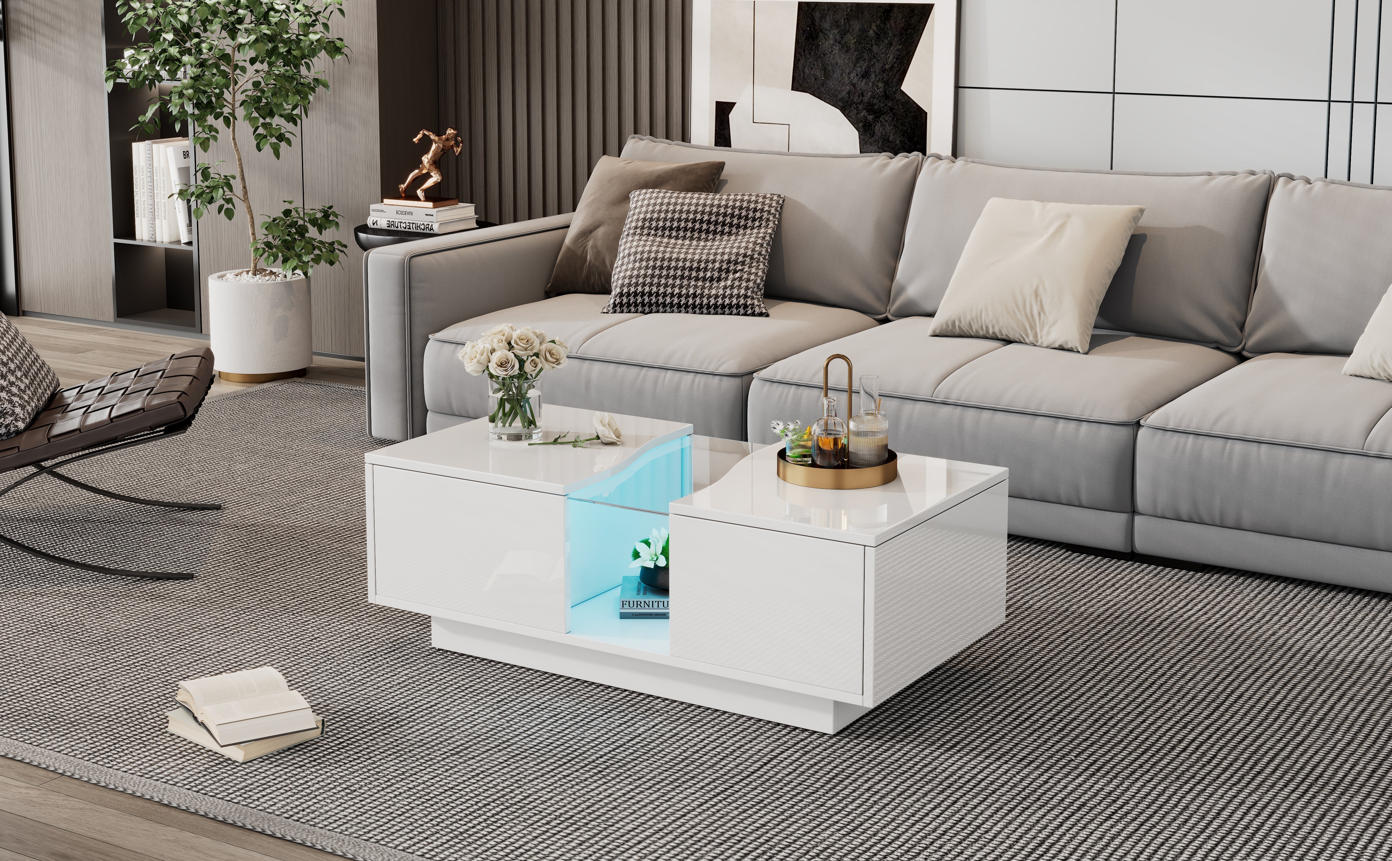 Led Coffee Table with 2 Drawer Storage, High Gloss with 16-Color Led Lights, White