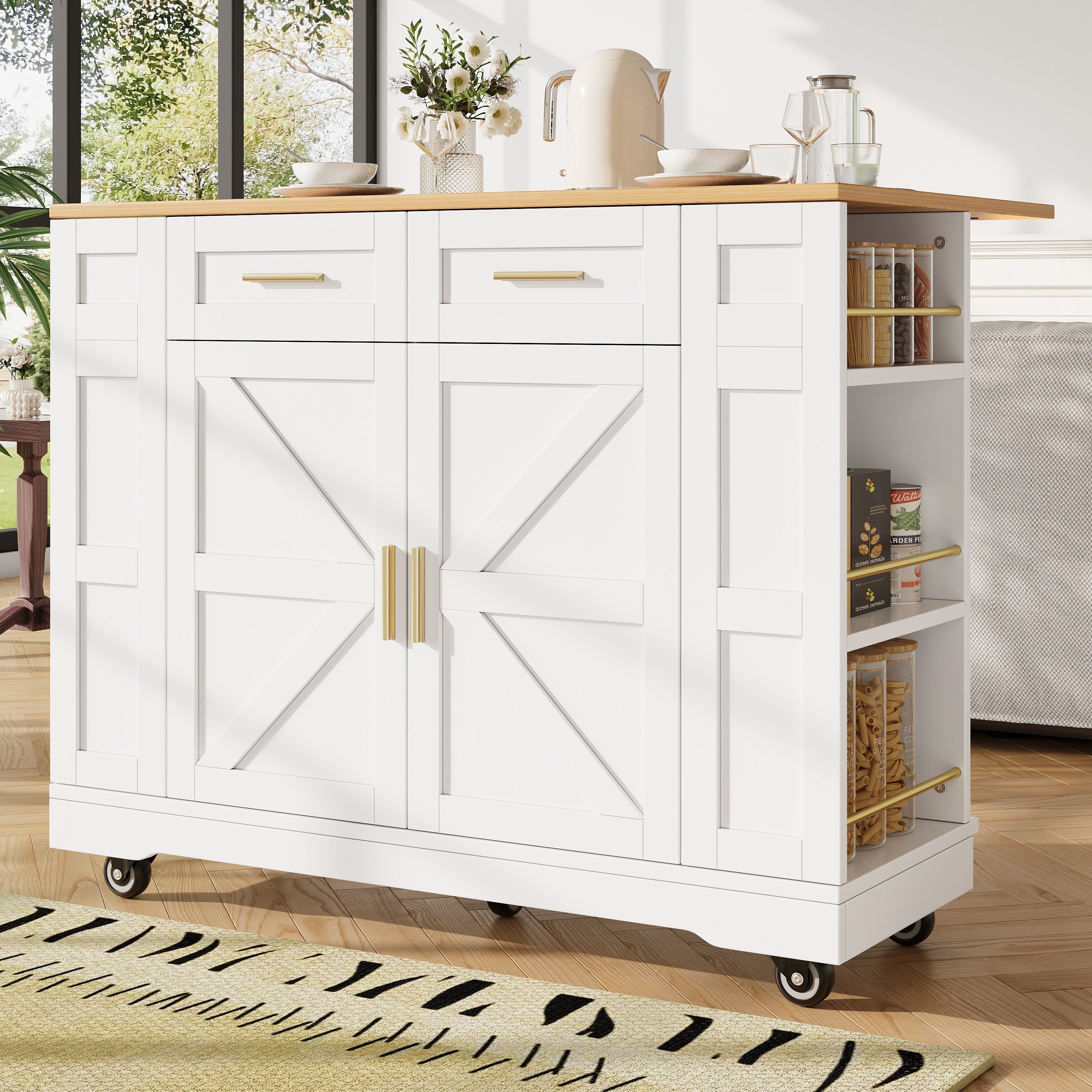 Kitchen Island on Wheels, Rolling Cart with Drawers & Storage, Foldable Worktop, White