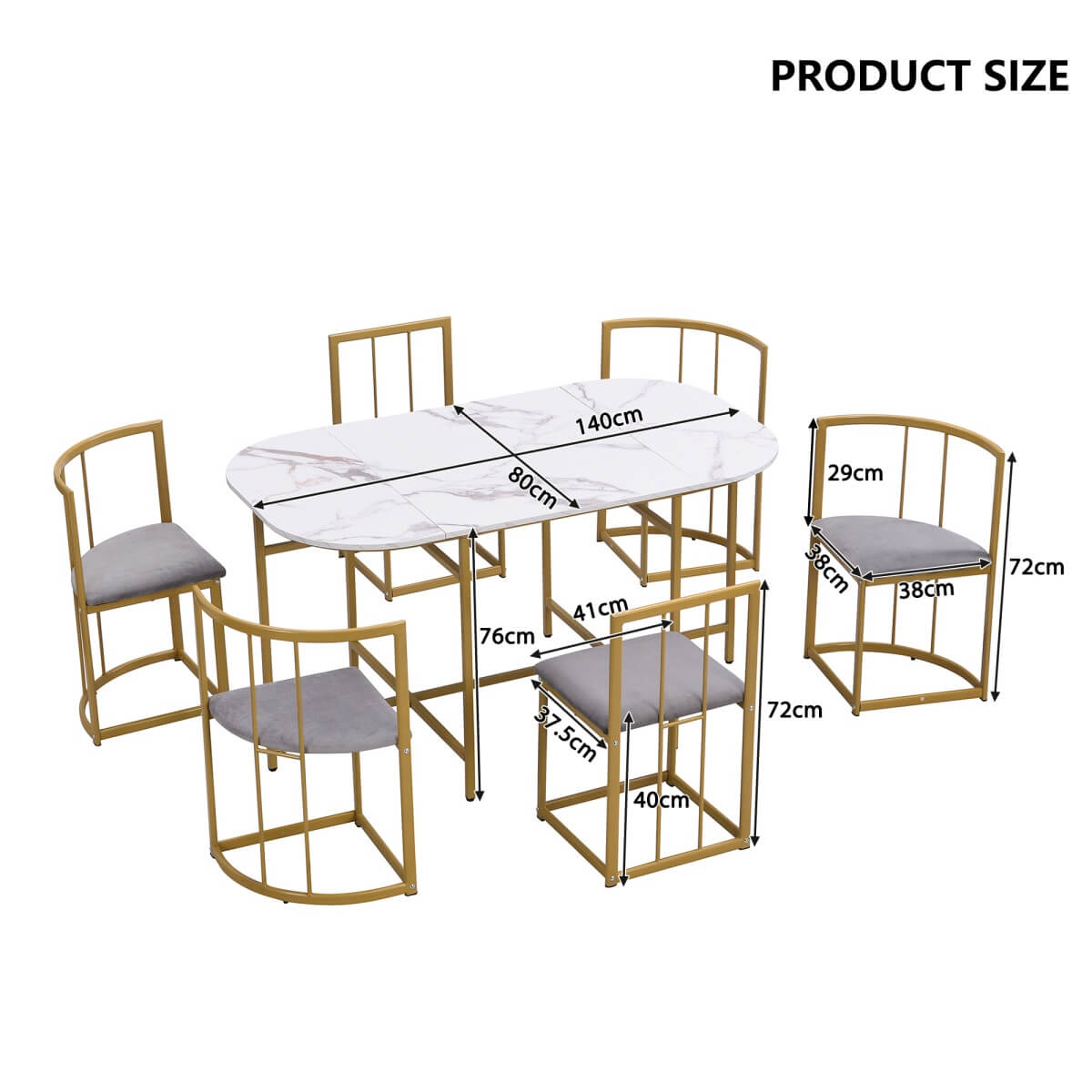 6 Seater Dining Table Set – White Table with Grey Upholstered Chairs, Gold Metal Frame, Modern Dining Room Furniture Set