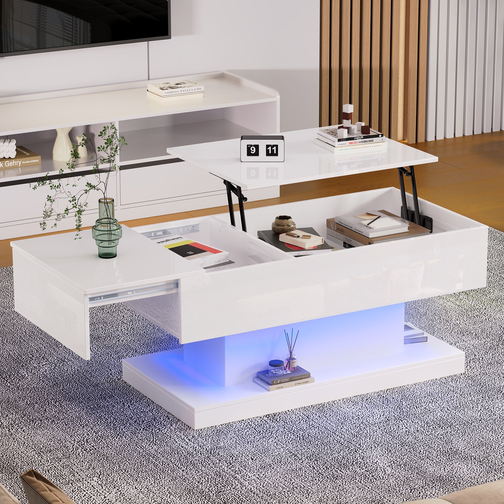 High Gloss Lift Up Top Coffee Table with Storage, Extendable Desktop Dinning Table 100 x 50 x 45 cm, Height Adjustable Tabletop, Retractable Desk