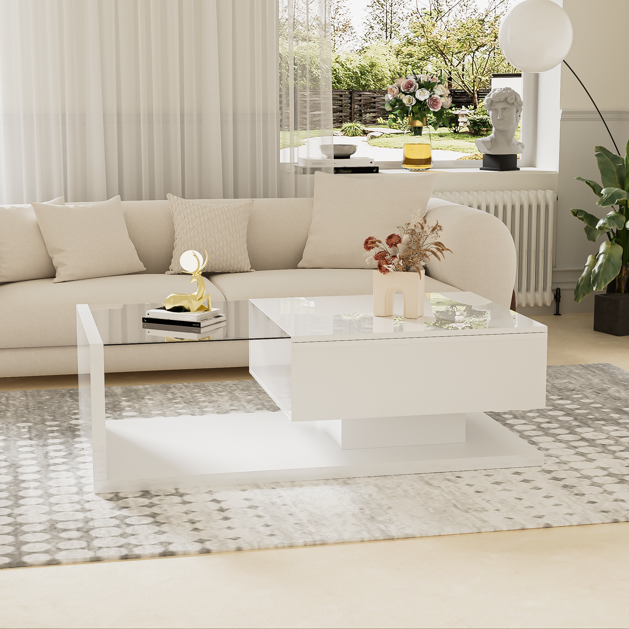 Coffee table, high-gloss white. Side tables, coffee tables with glass and LED